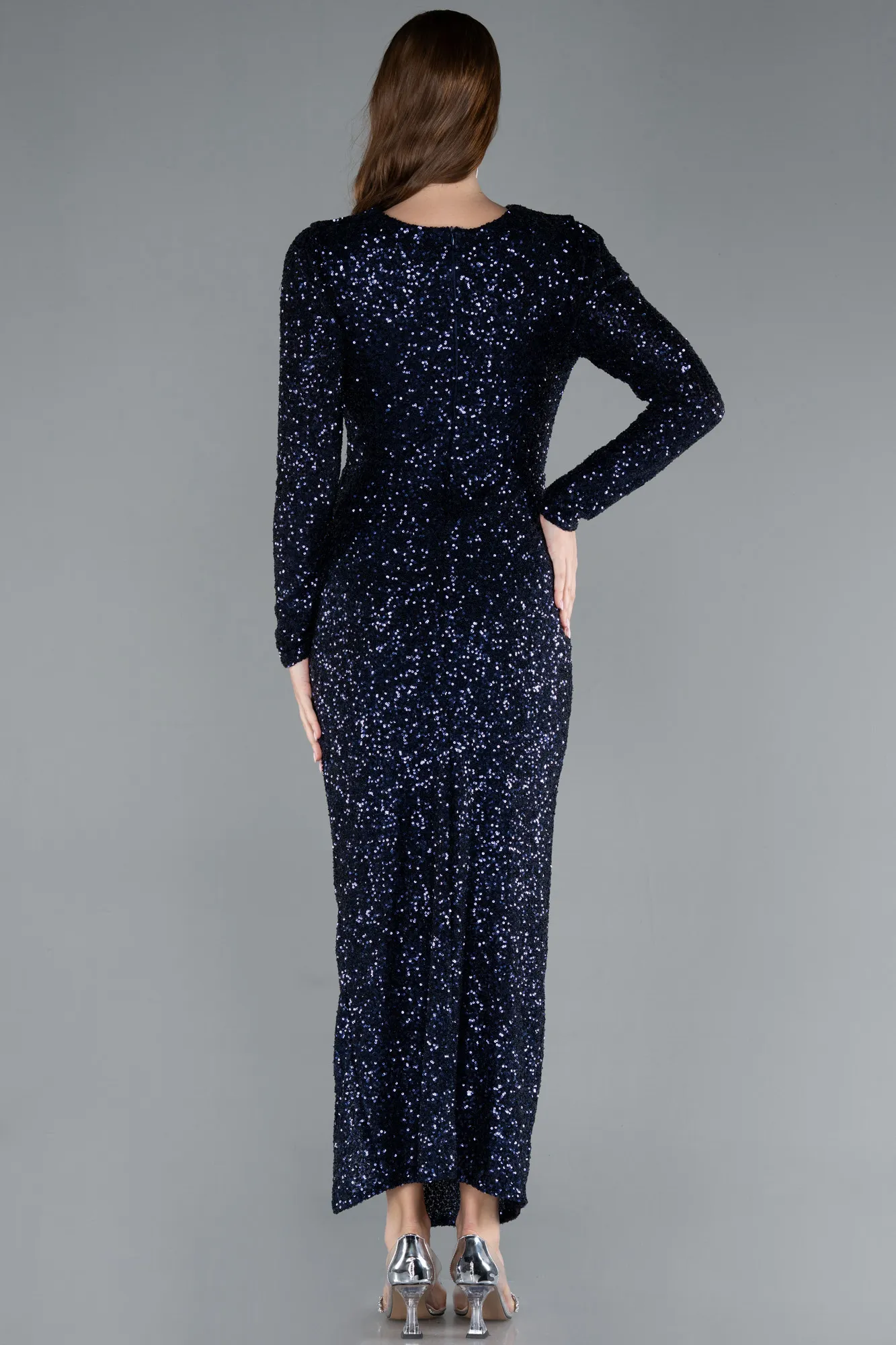 Navy Blue-Long Sleeve Neck Sequin Midi Cocktail Dress ABK2284