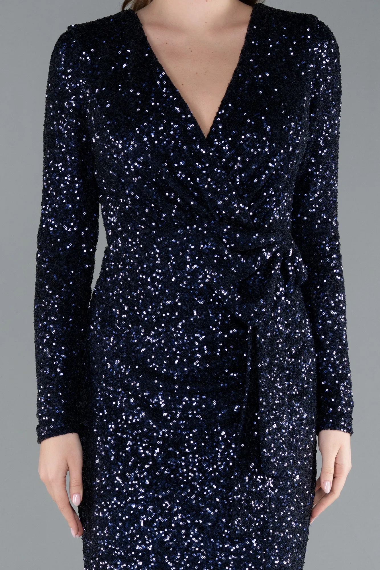 Navy Blue-Long Sleeve Neck Sequin Midi Cocktail Dress ABK2284