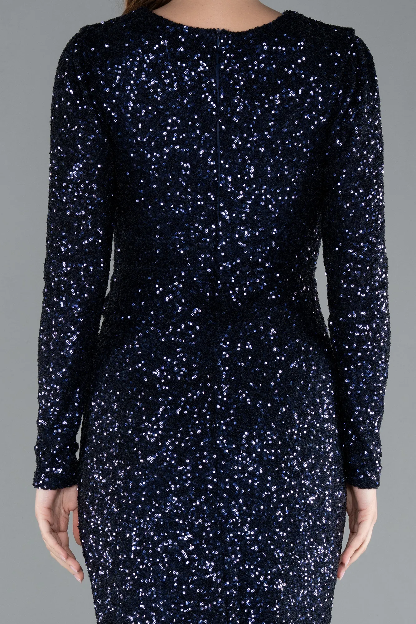 Navy Blue-Long Sleeve Neck Sequin Midi Cocktail Dress ABK2284