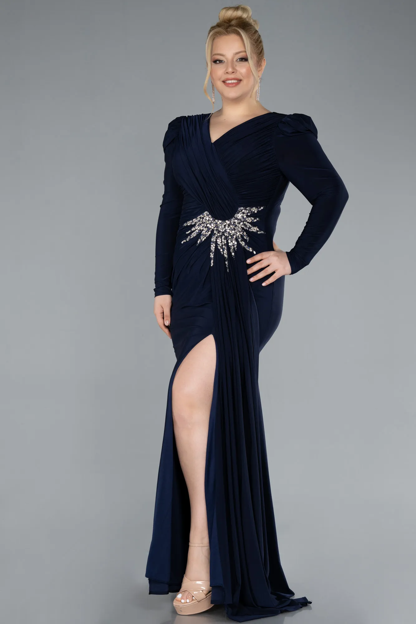 Navy Blue-Long Sleeve Slit Plus Size Evening Dress ABU4682