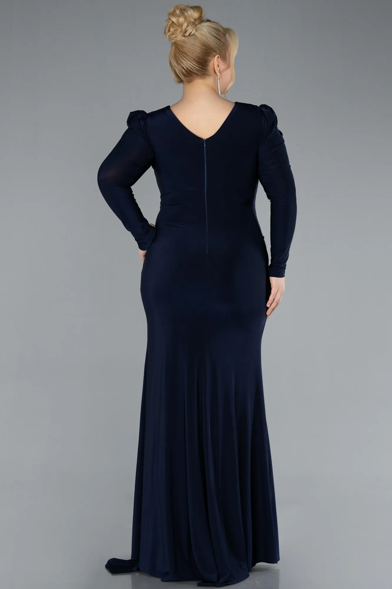 Navy Blue-Long Sleeve Slit Plus Size Evening Dress ABU4682