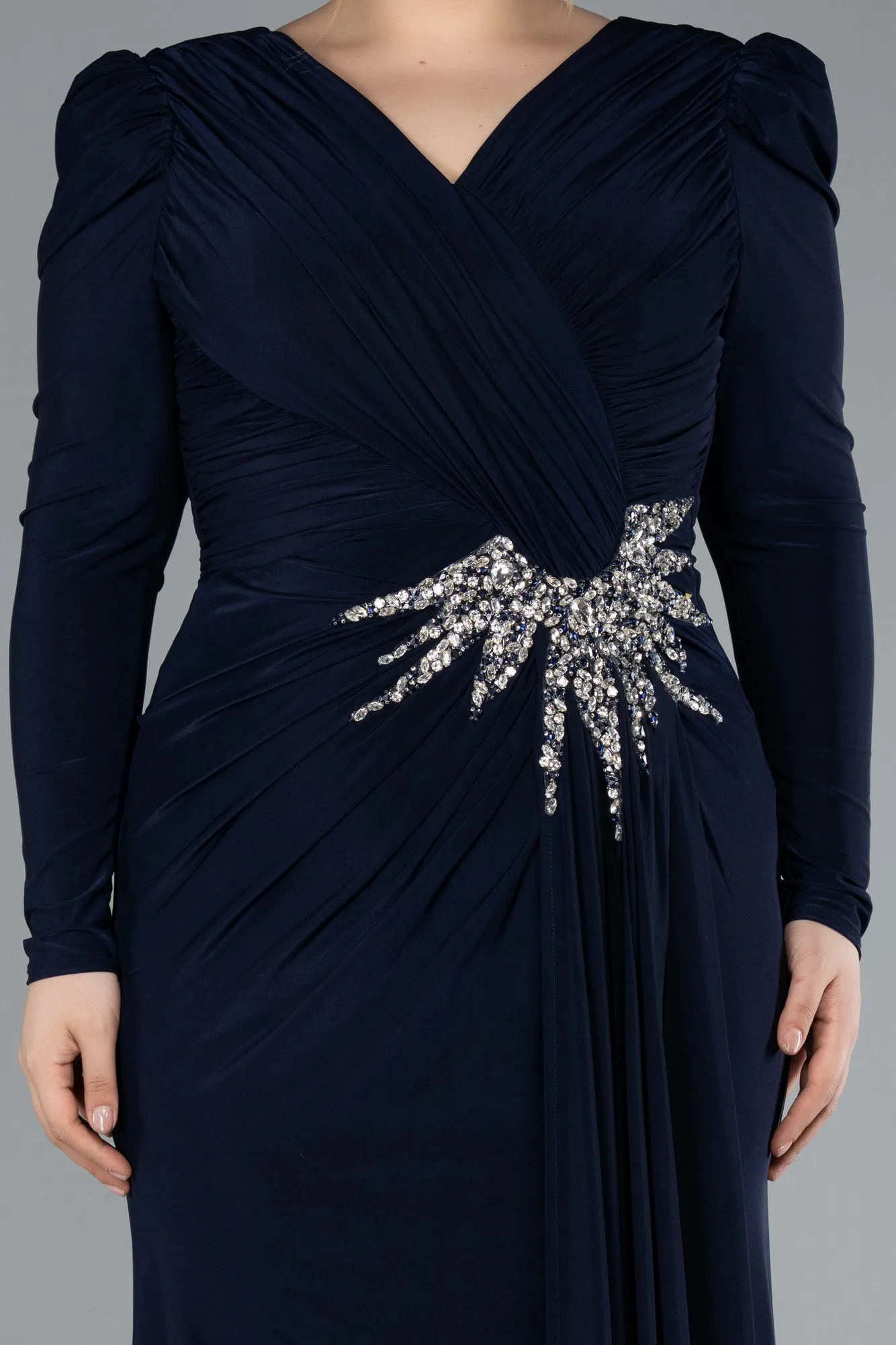 Navy Blue-Long Sleeve Slit Plus Size Evening Dress ABU4682