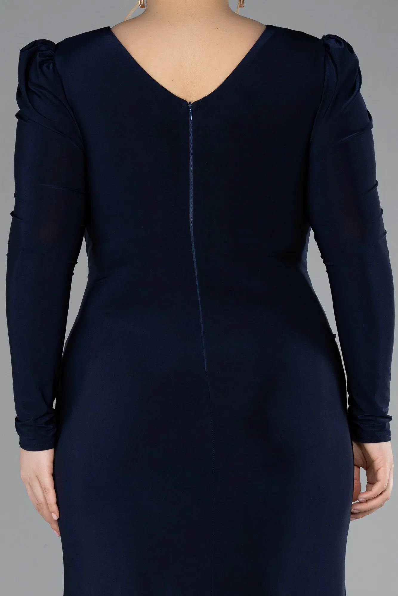 Navy Blue-Long Sleeve Slit Plus Size Evening Dress ABU4682