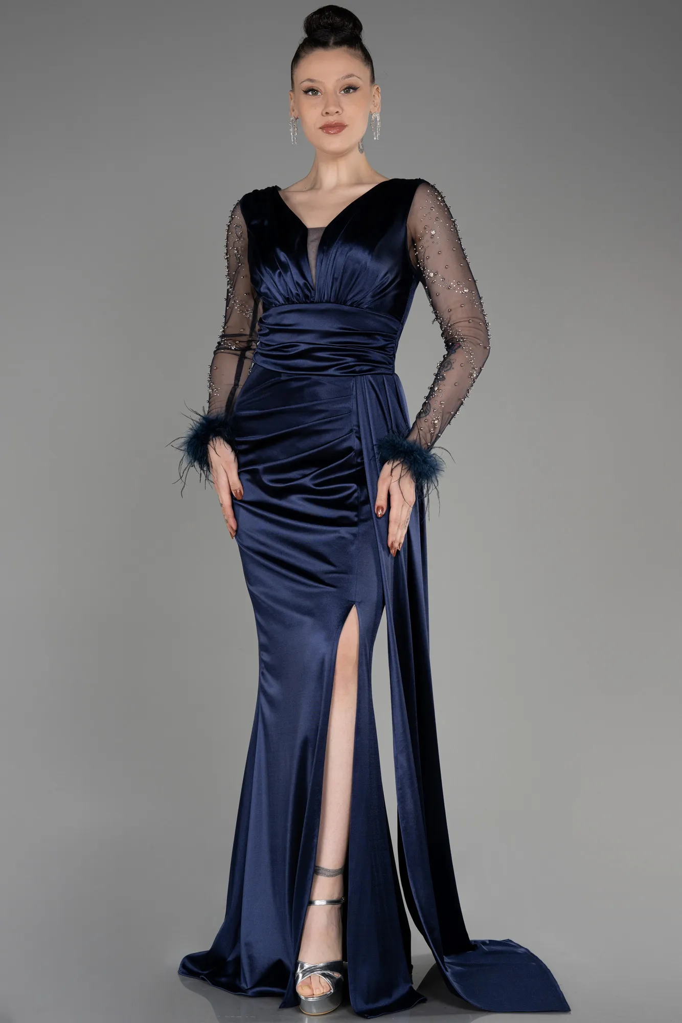 Navy Blue-Long Sleeve Slit Satin Evening Dress ABU3835