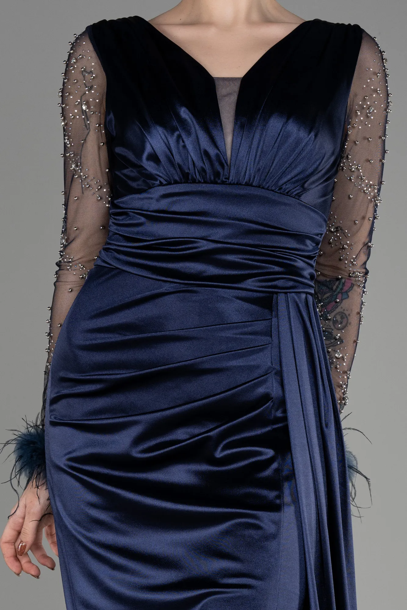 Navy Blue-Long Sleeve Slit Satin Evening Dress ABU3835