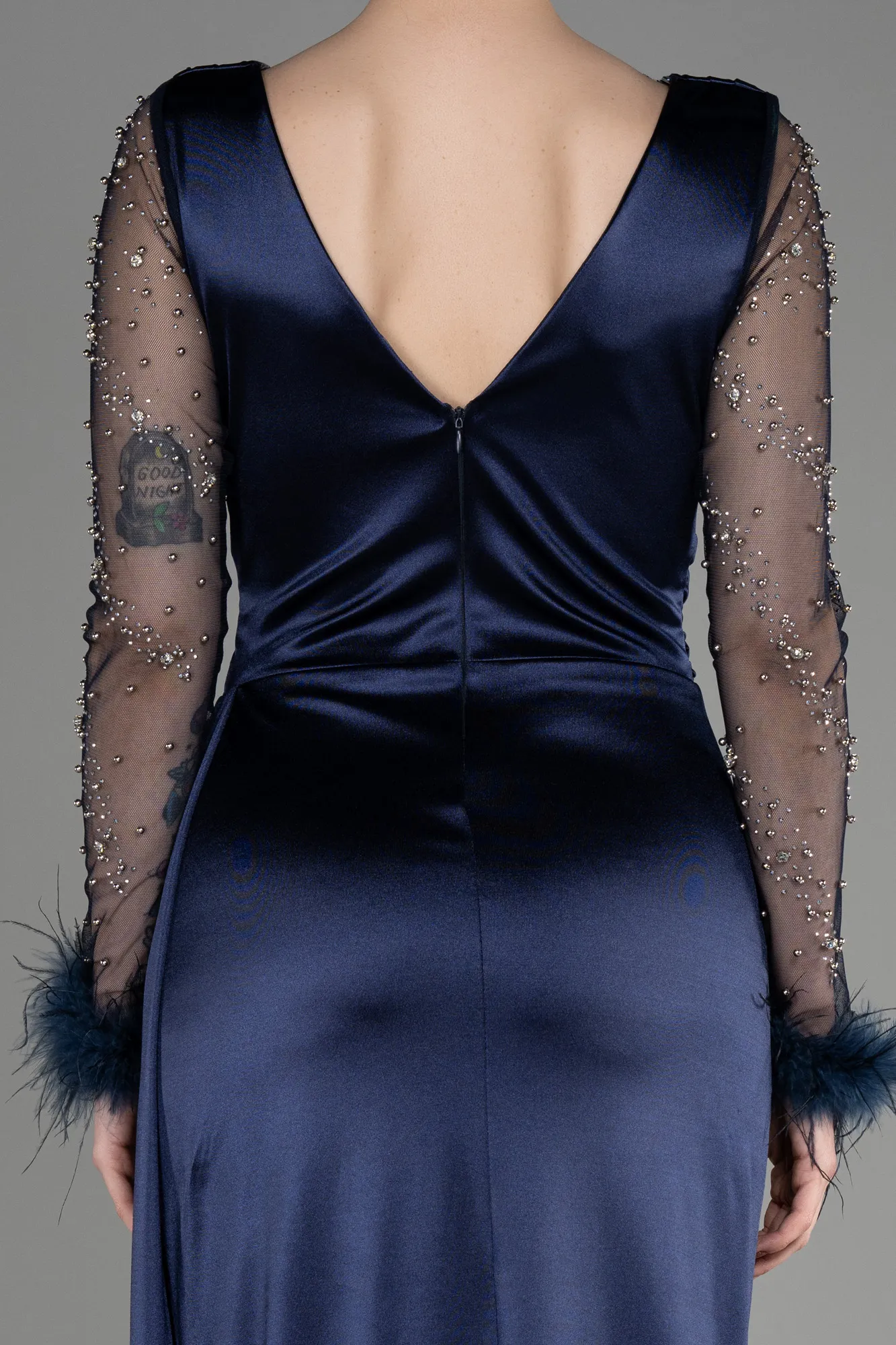 Navy Blue-Long Sleeve Slit Satin Evening Dress ABU3835