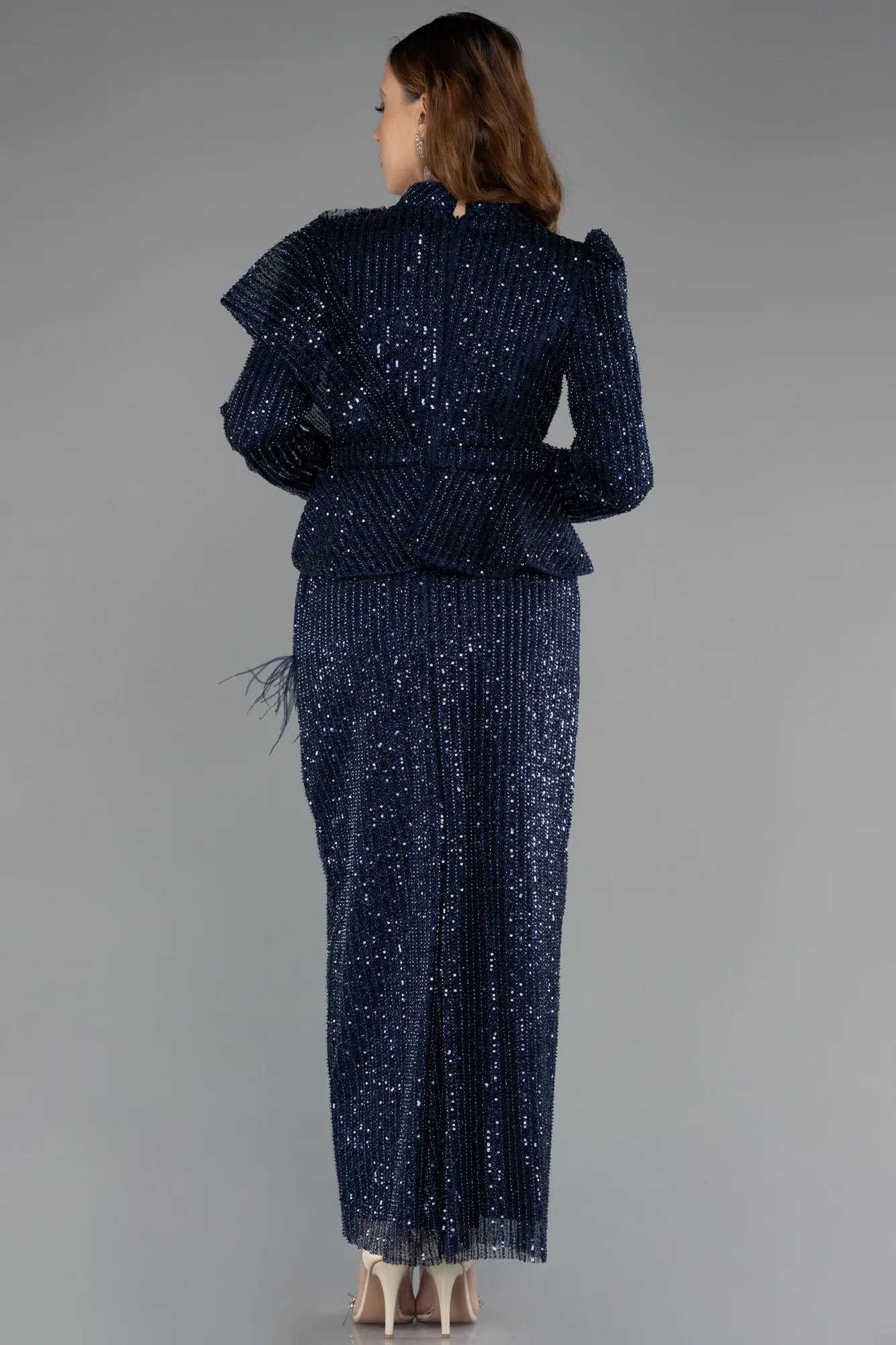 Navy Blue-Long Sleeve Stand Collar Midi Beaded Evening Gown ABK2346