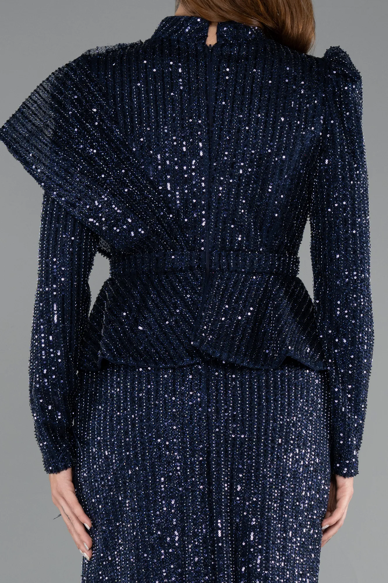 Navy Blue-Long Sleeve Stand Collar Midi Beaded Evening Gown ABK2346