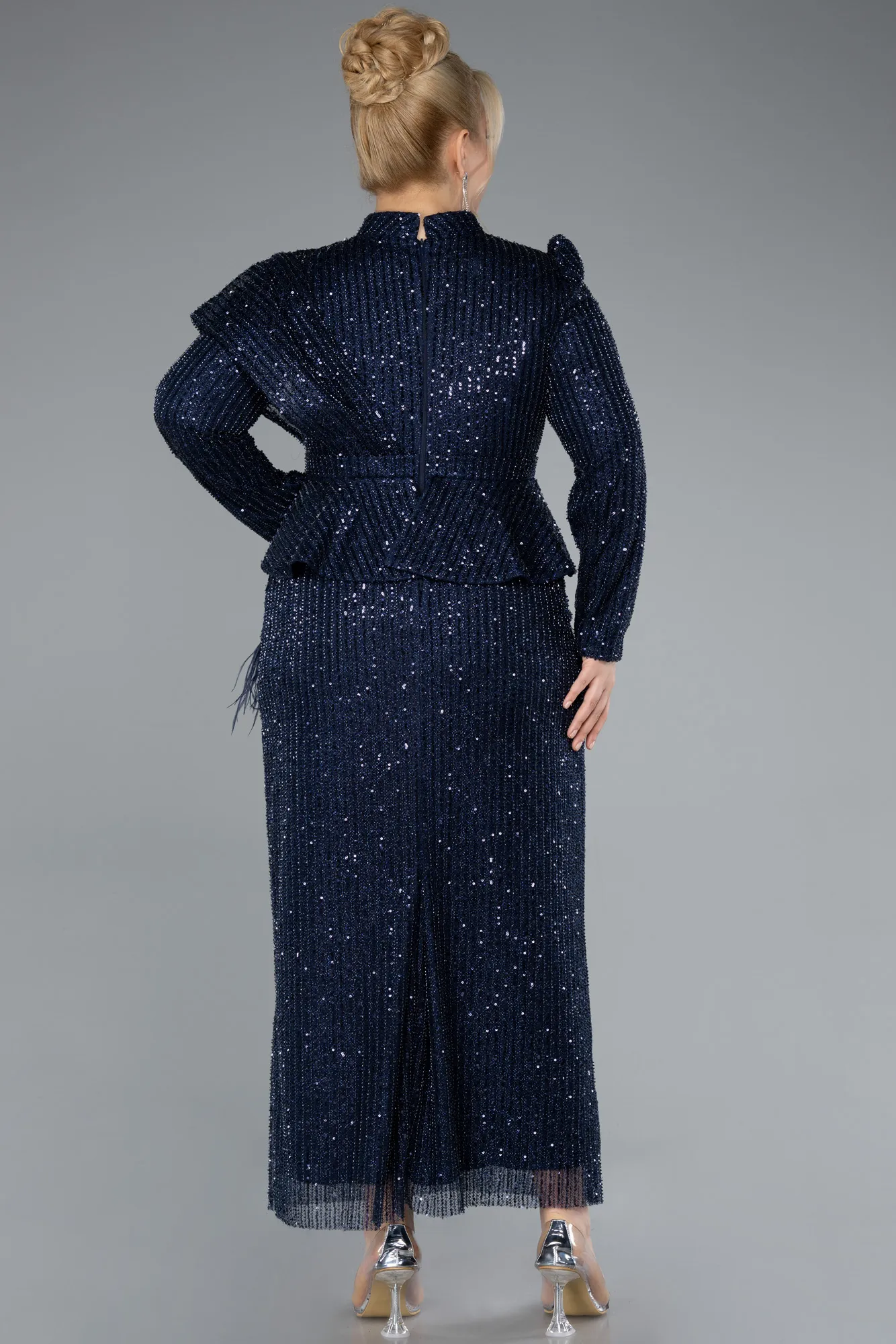 Navy Blue-Long Sleeve Stand Collar Midi Beaded Plus Size Evening Gown ABK2294