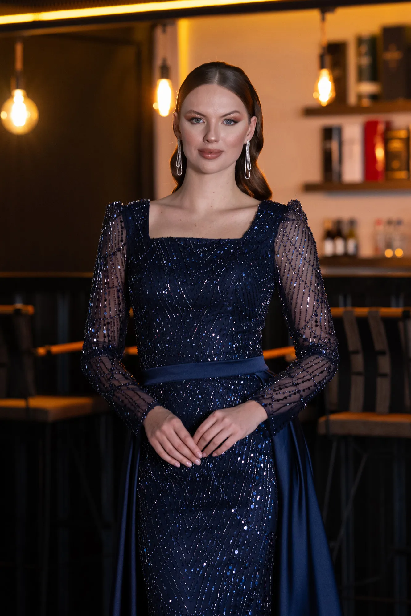 Navy Blue-Long Sleeve Stone Embellished Satin Train Evening Dress ABU4603