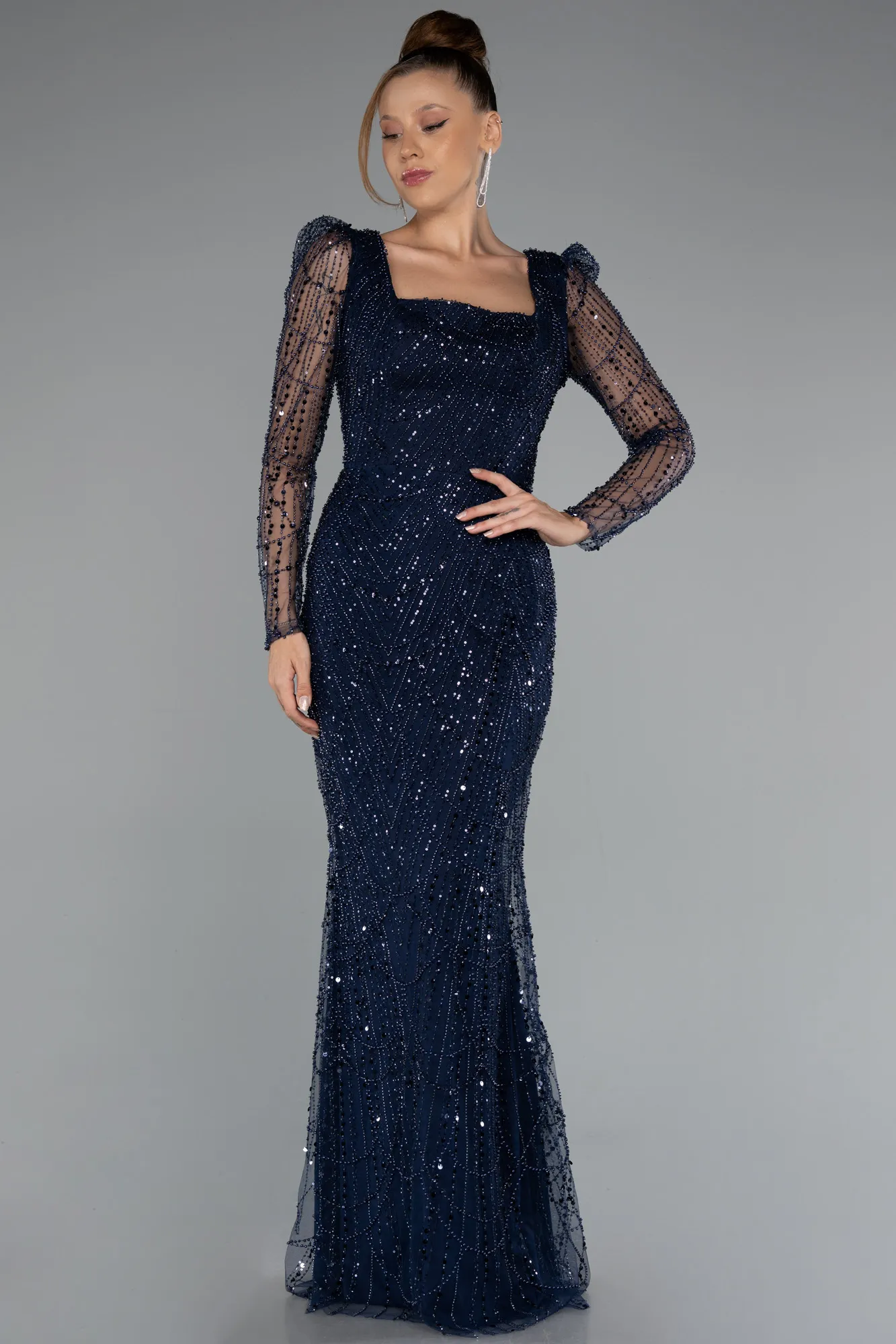 Navy Blue-Long Sleeve Stone Embellished Satin Train Evening Dress ABU4603