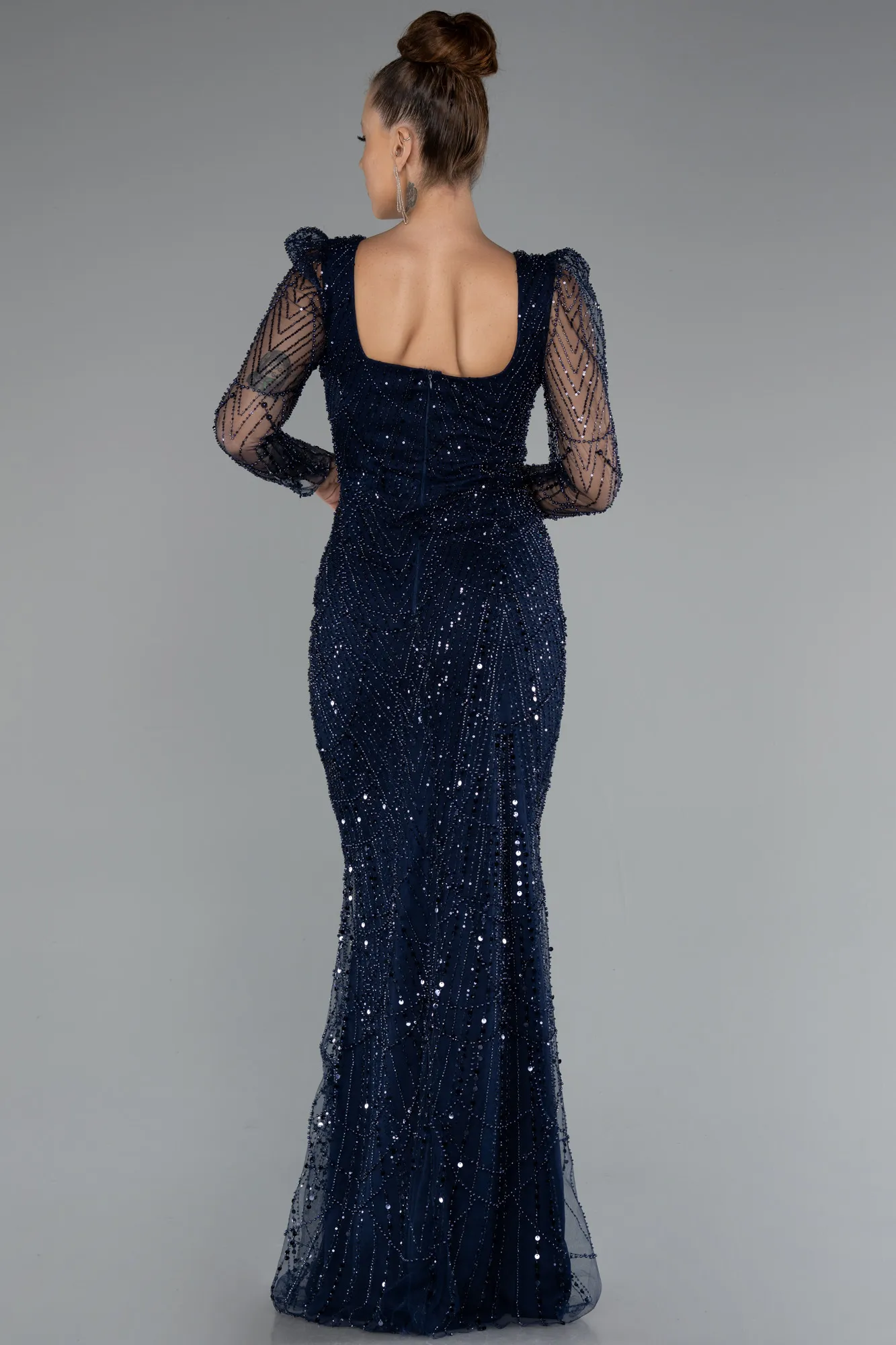 Navy Blue-Long Sleeve Stone Embellished Satin Train Evening Dress ABU4603