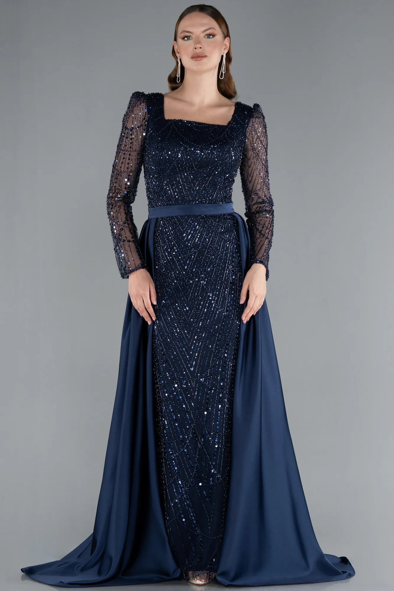 Navy Blue-Long Sleeve Stone Embellished Satin Train Evening Dress ABU4603