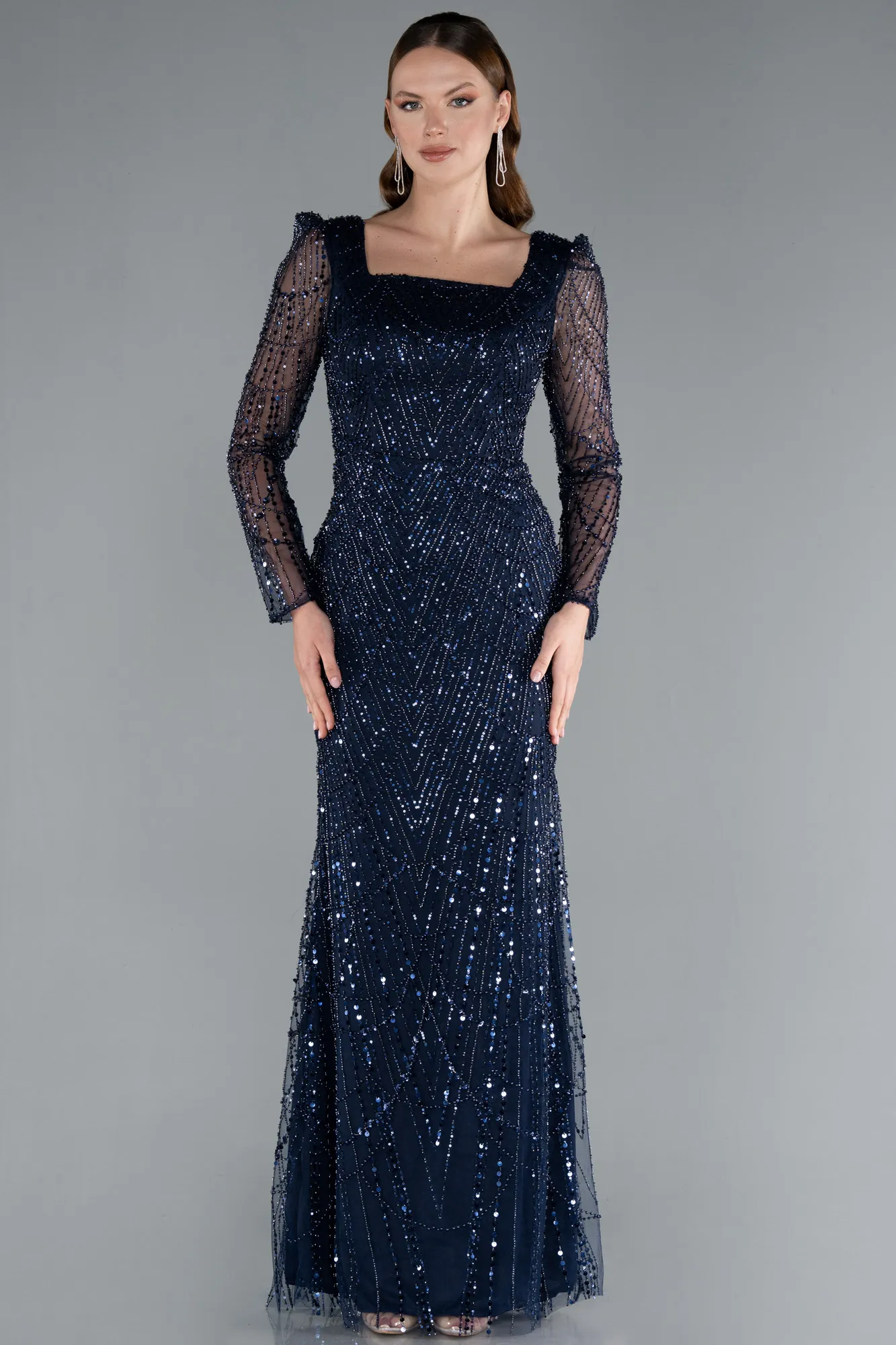 Navy Blue-Long Sleeve Stone Embellished Satin Train Evening Dress ABU4603