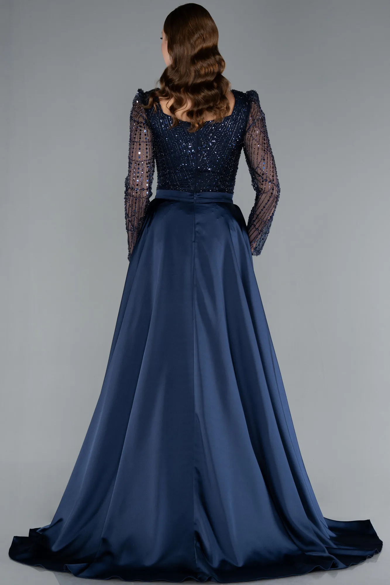 Navy Blue-Long Sleeve Stone Embellished Satin Train Evening Dress ABU4603