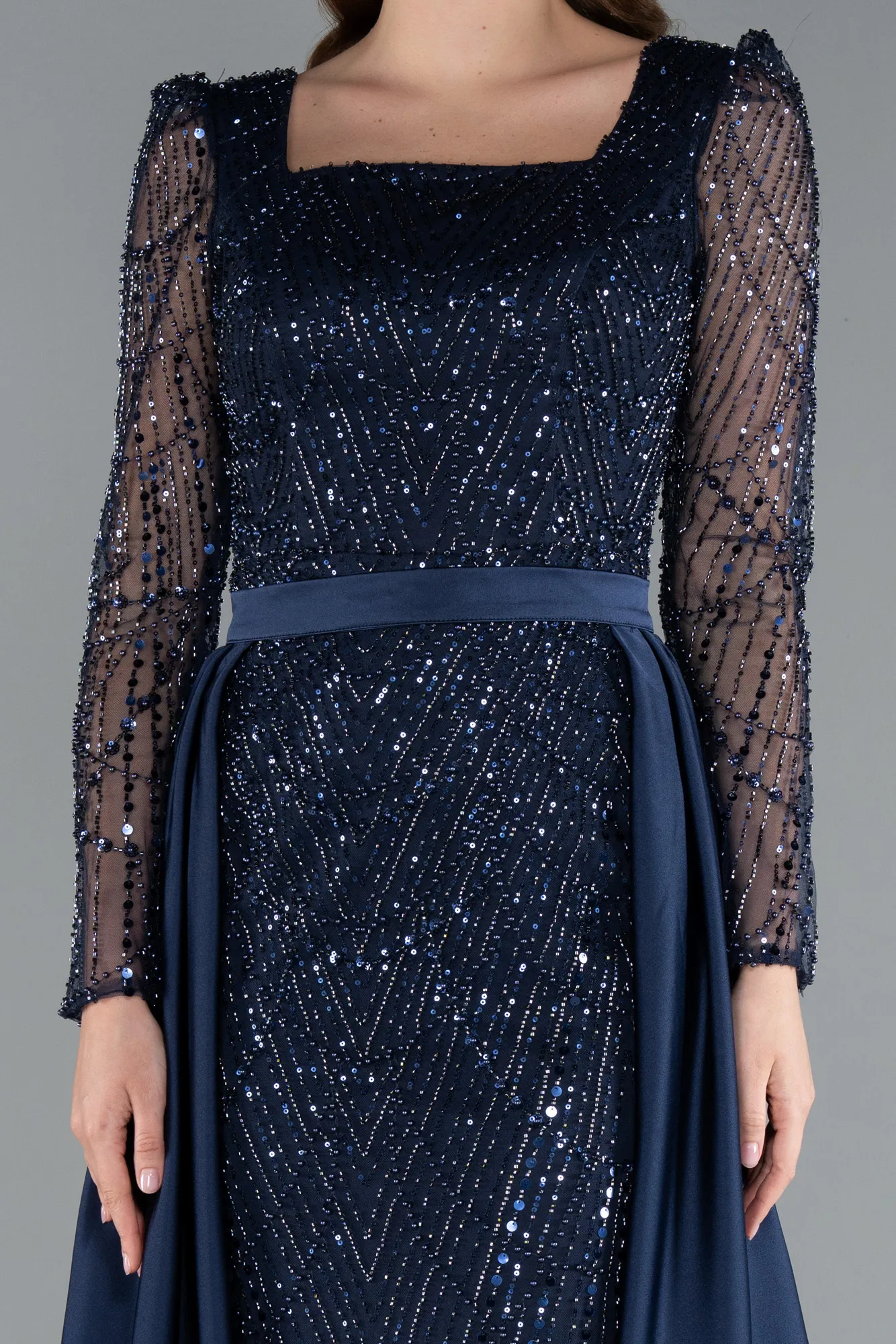 Navy Blue-Long Sleeve Stone Embellished Satin Train Evening Dress ABU4603