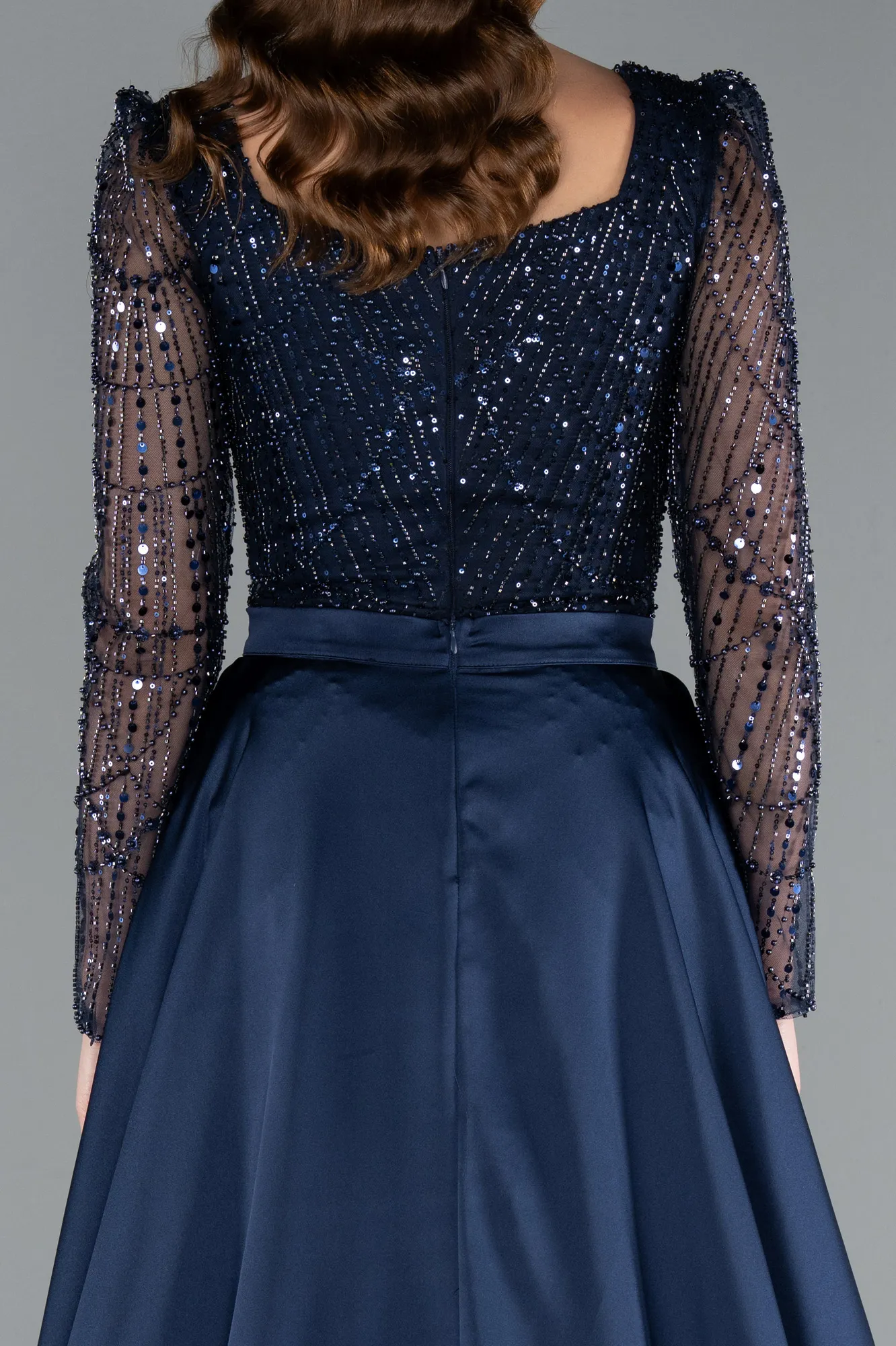 Navy Blue-Long Sleeve Stone Embellished Satin Train Evening Dress ABU4603