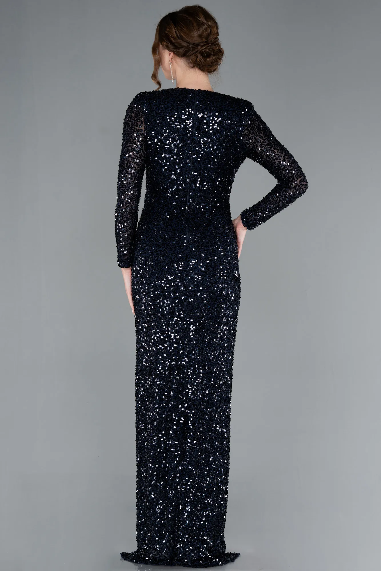 Navy Blue-Long Sleeve V Neck Scaly Evening Gown ABU4763