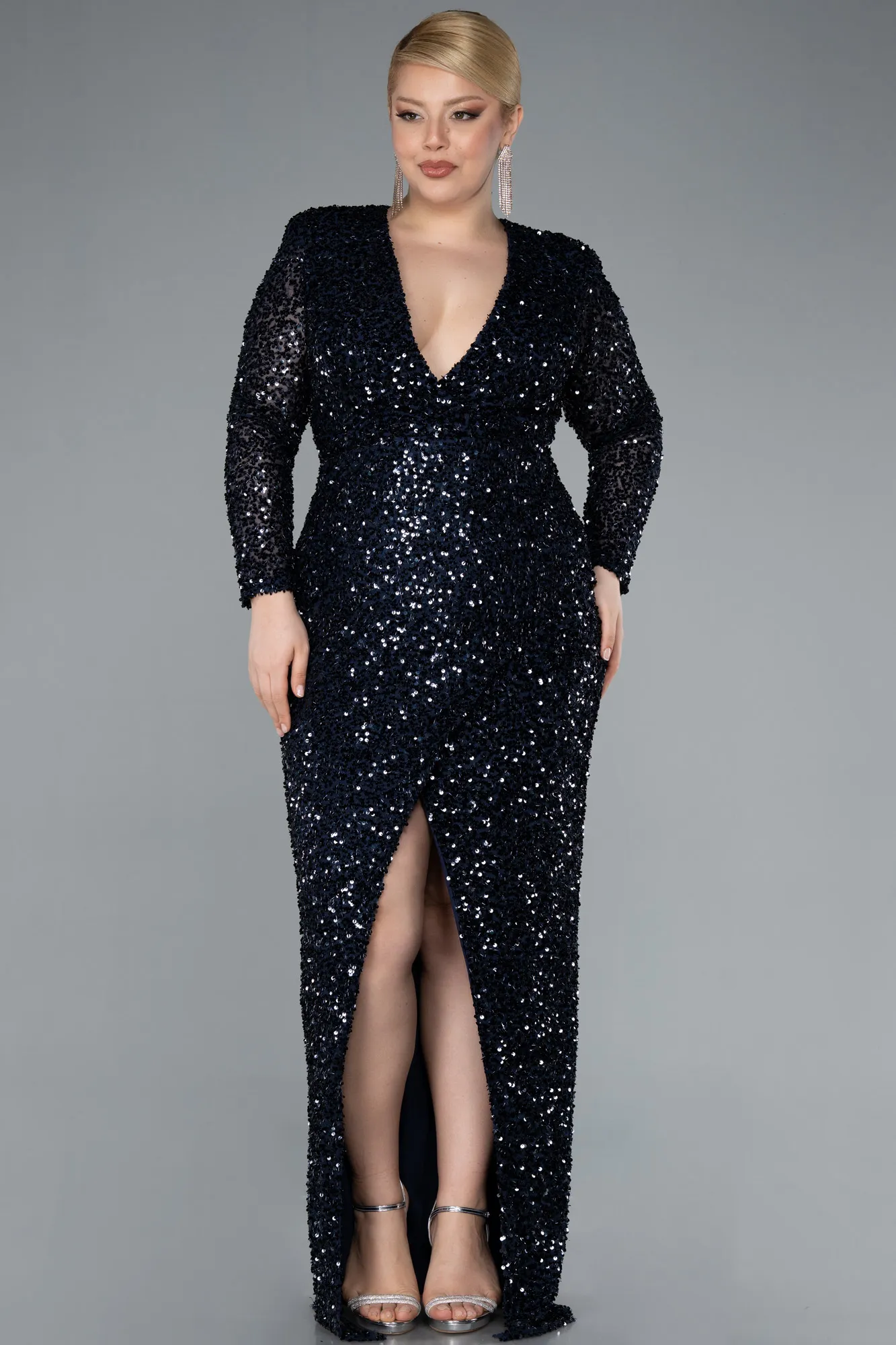Navy Blue-Long Sleeve V Neck Scaly Plus Size Evening Gown ABU4764