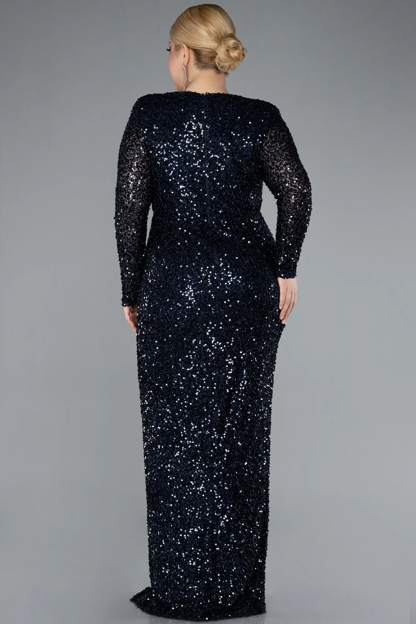 Navy Blue-Long Sleeve V Neck Scaly Plus Size Evening Gown ABU4764