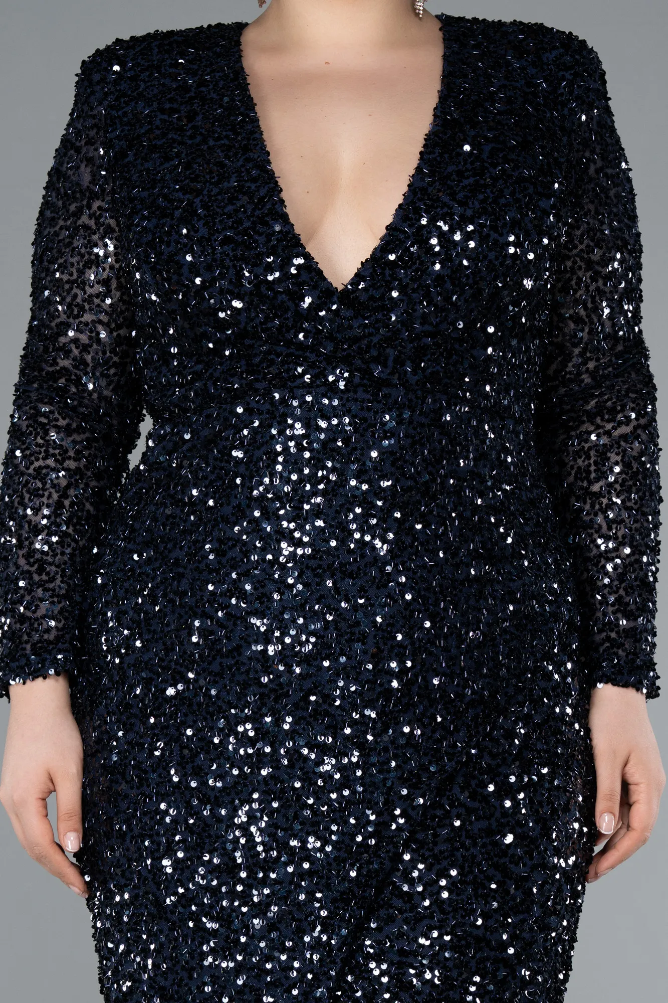 Navy Blue-Long Sleeve V Neck Scaly Plus Size Evening Gown ABU4764