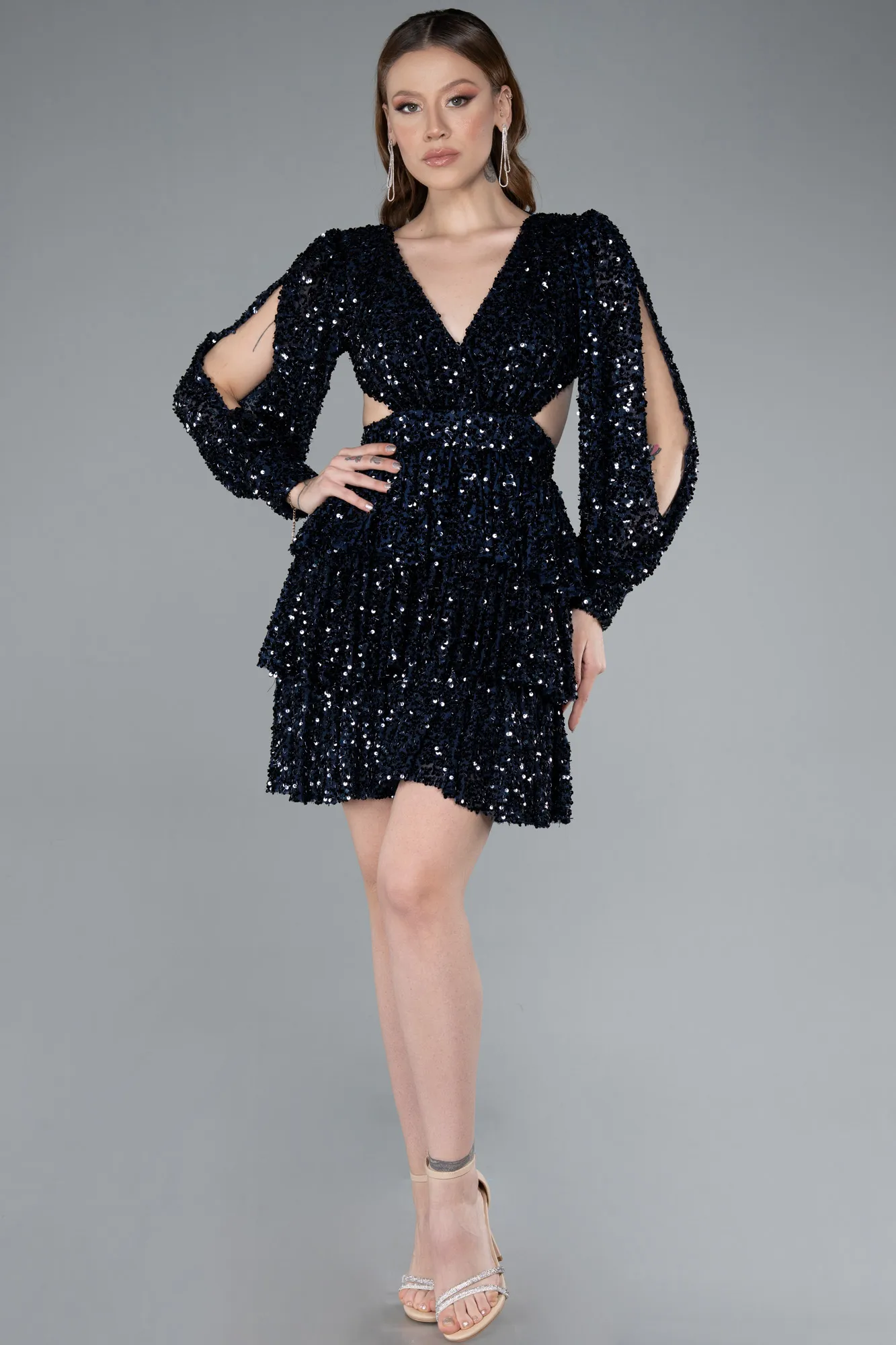 Navy Blue-Long Sleeve V Neck Sequined Short Evening Dress ABK2282