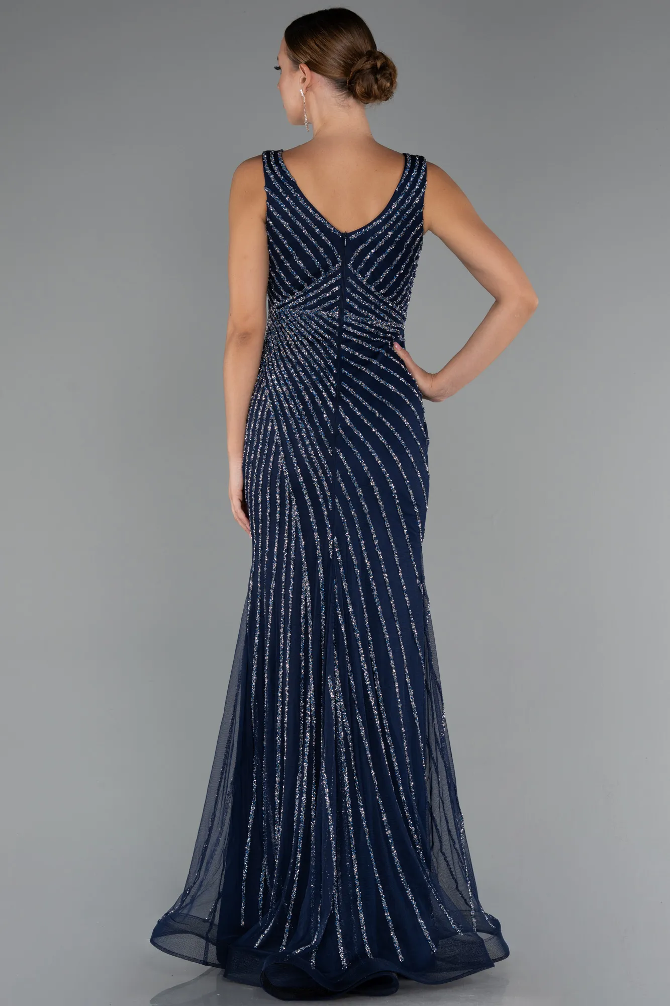 Navy Blue-Long Stony Evening Dress ABU5255