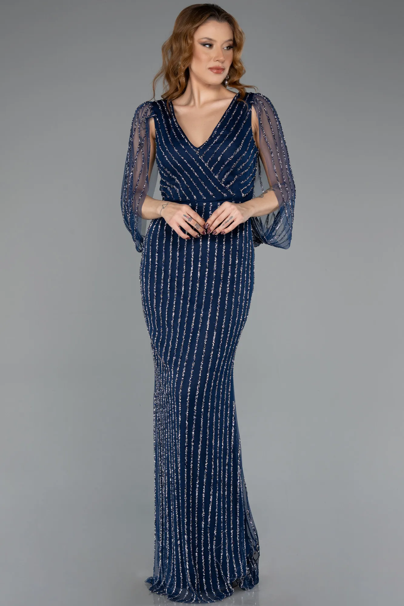 Navy Blue-Long Stony Evening Dress ABU5475