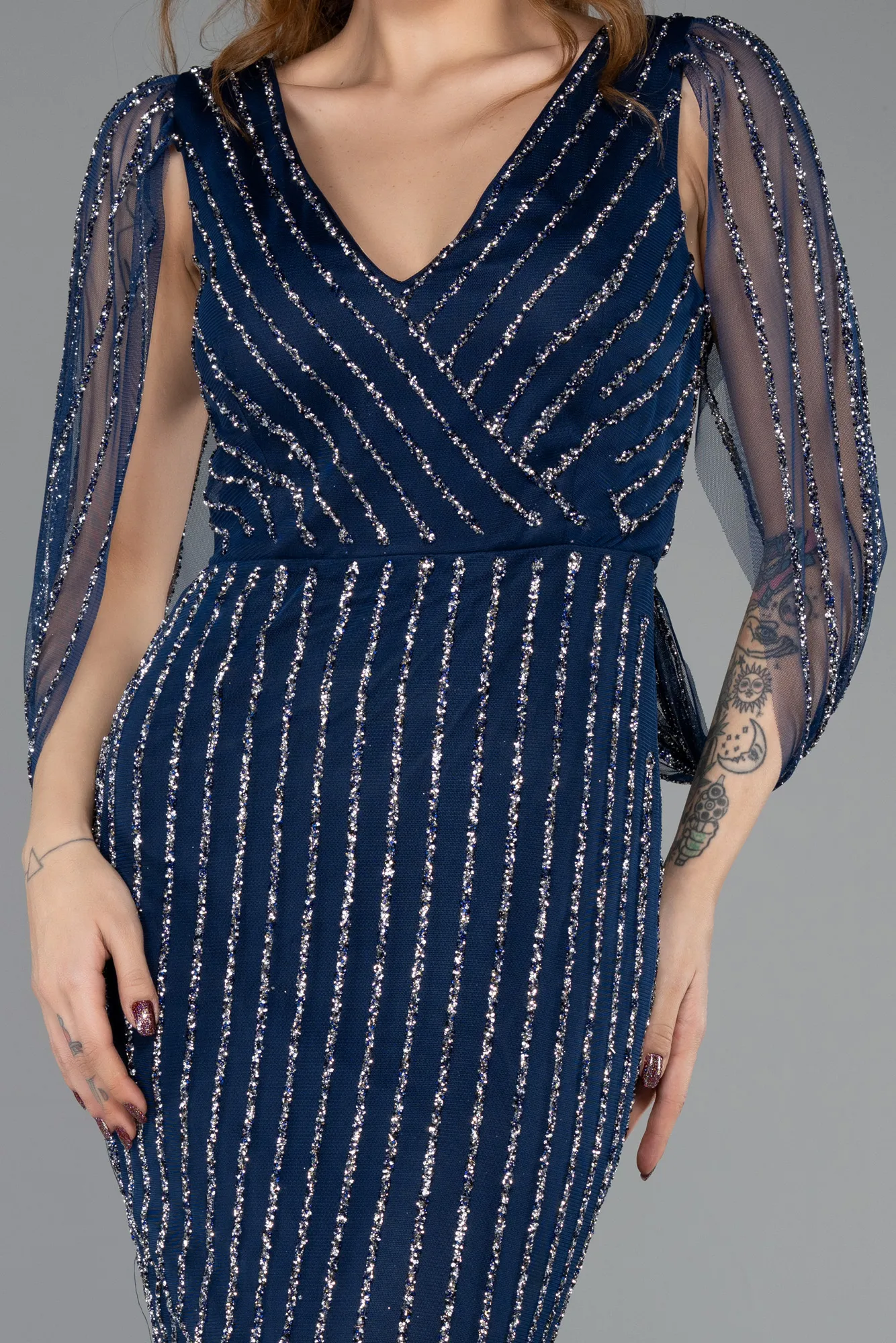 Navy Blue-Long Stony Evening Dress ABU5475