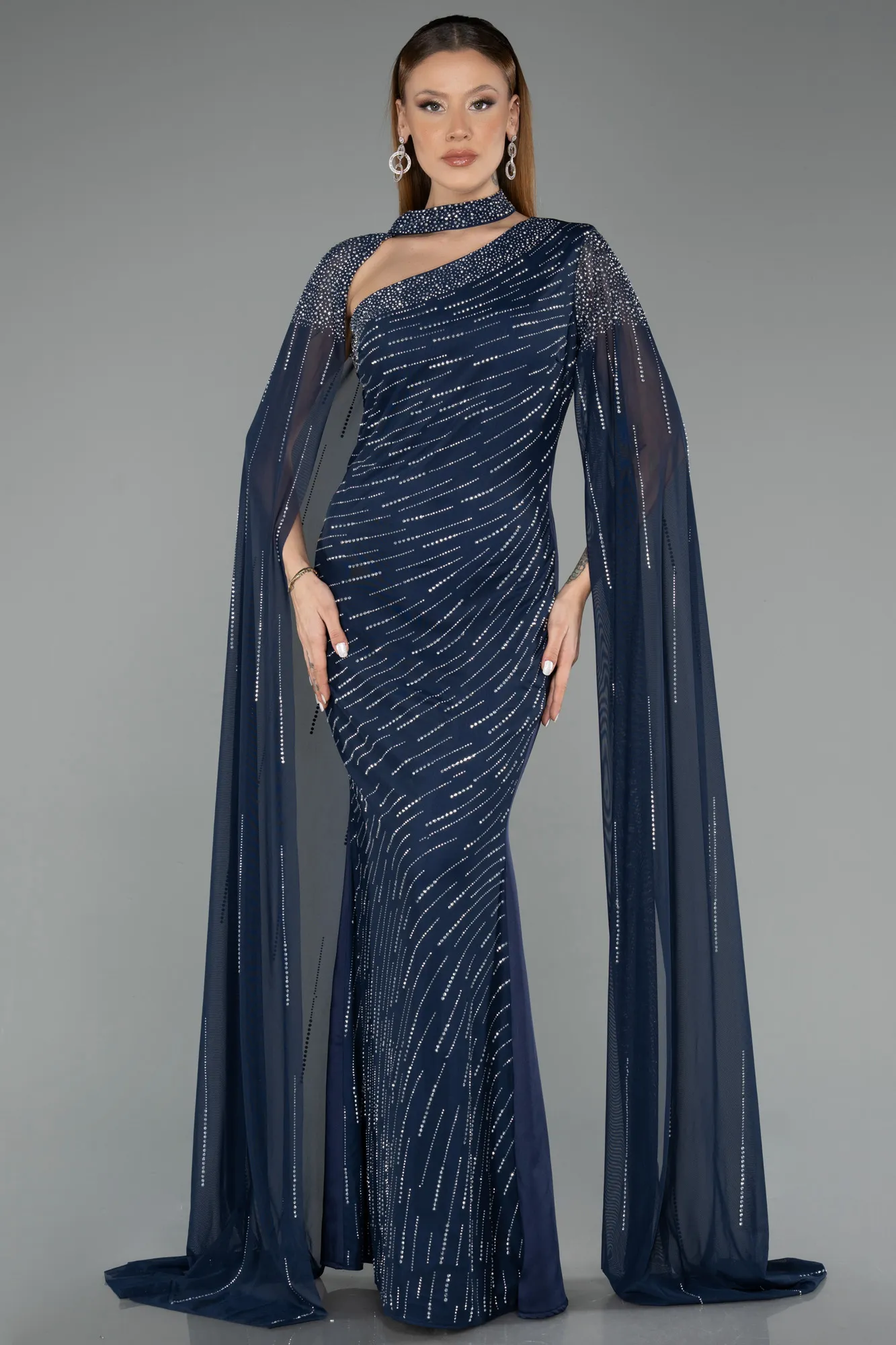 Navy Blue-Long Stony Evening Dress ABU5534