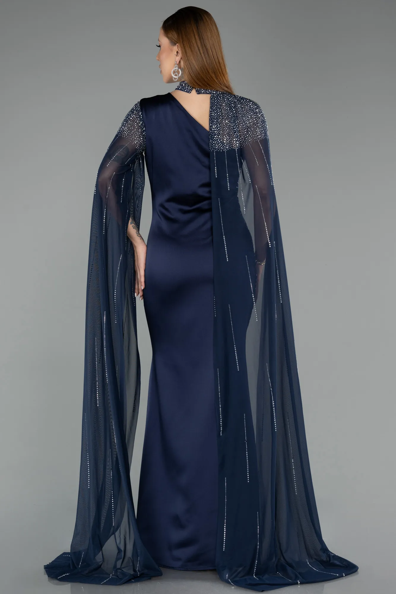 Navy Blue-Long Stony Evening Dress ABU5534