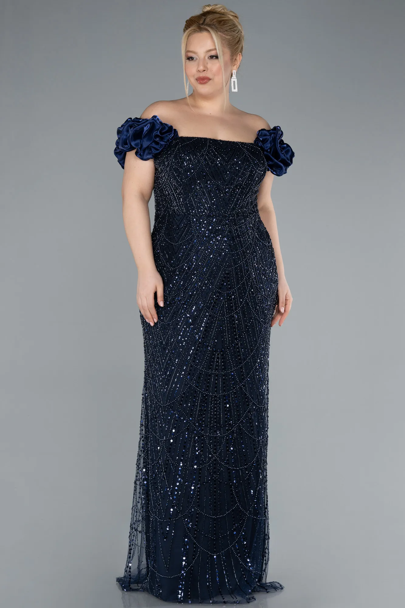 Navy Blue-Long Stony Plus Size Engagement Dress ABU4618