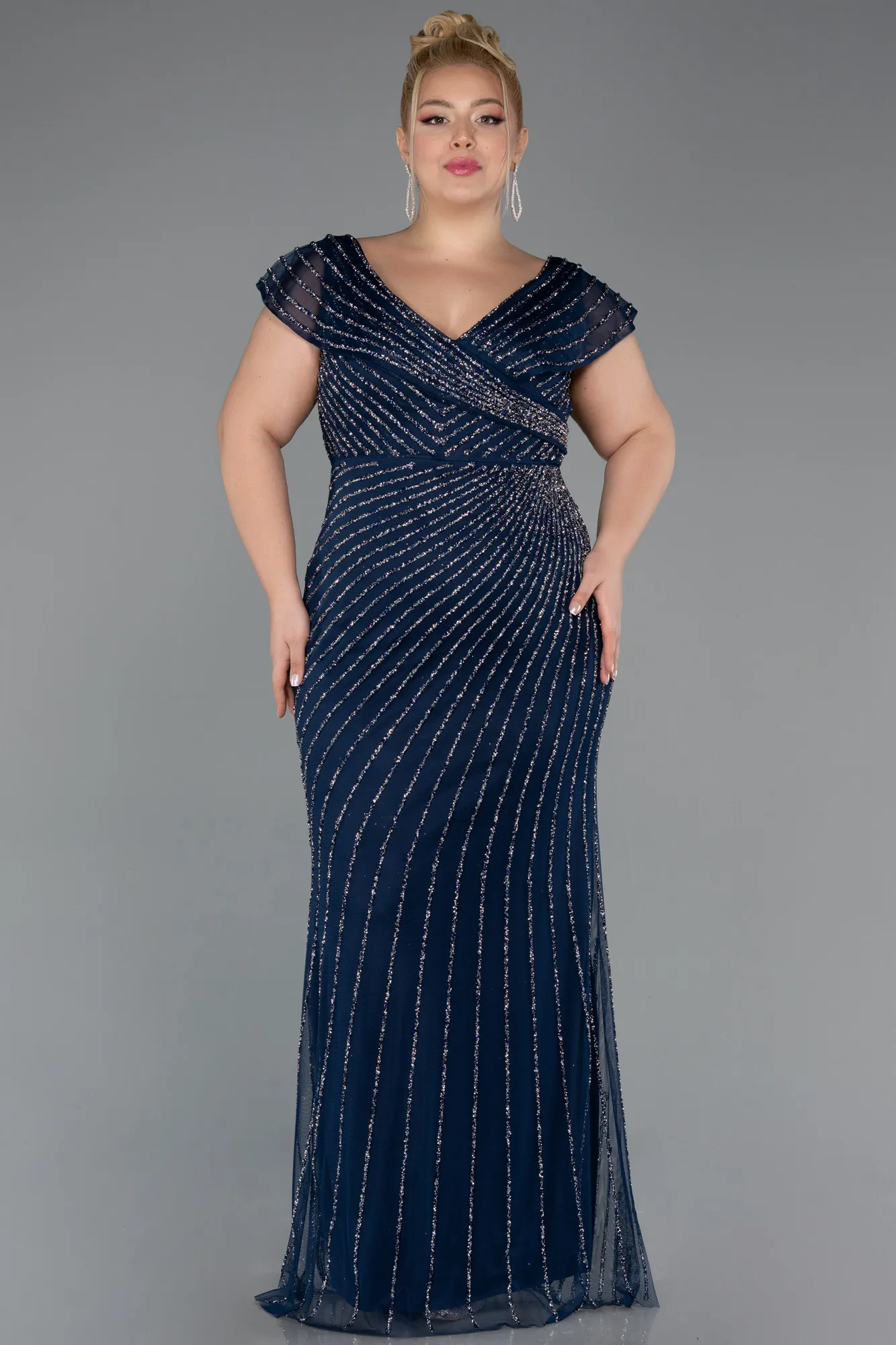 Navy Blue-Long Stony Plus Size Evening Dress ABU5439