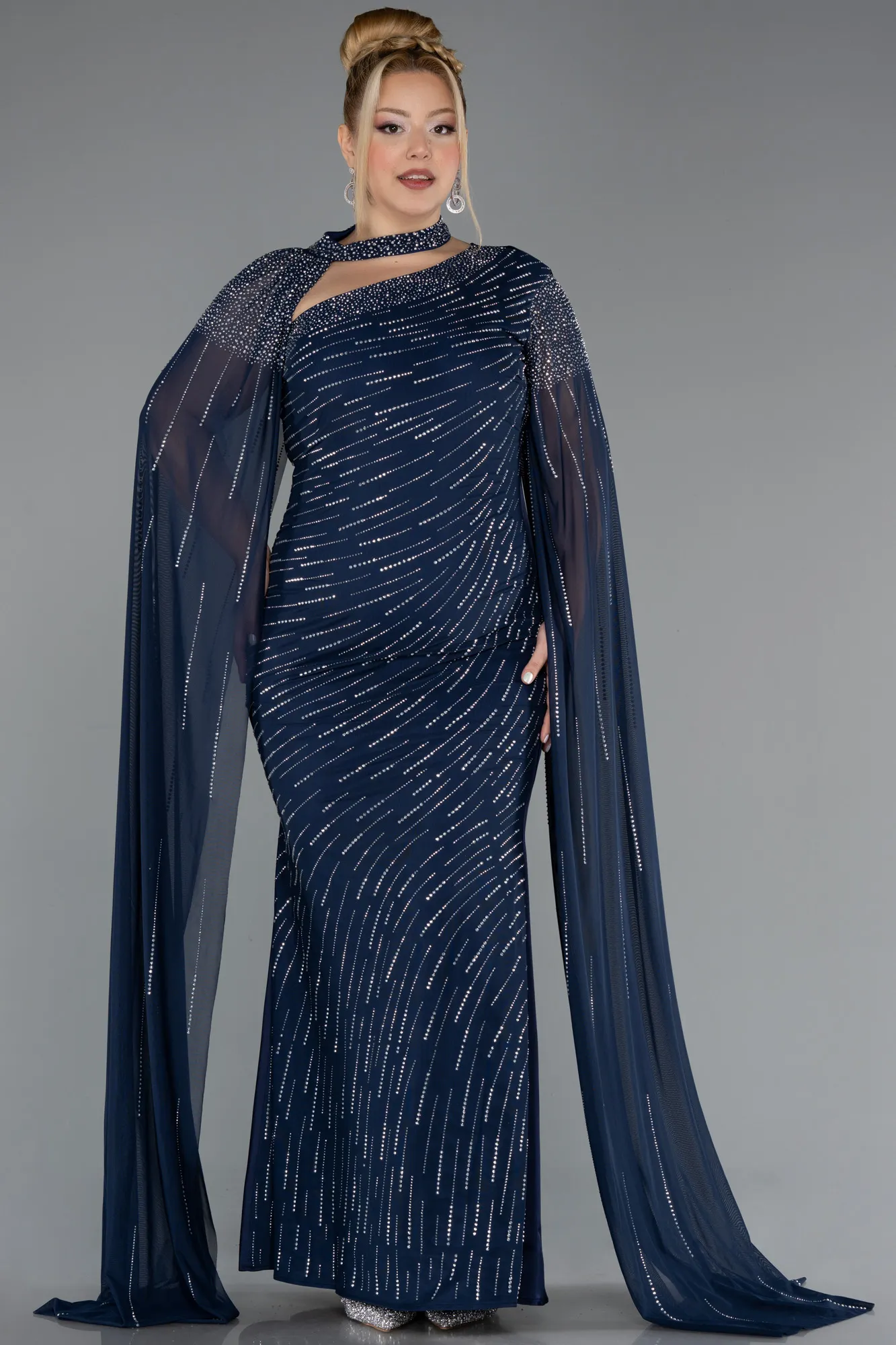 Navy Blue-Long Stony Plus Size Evening Dress ABU5535