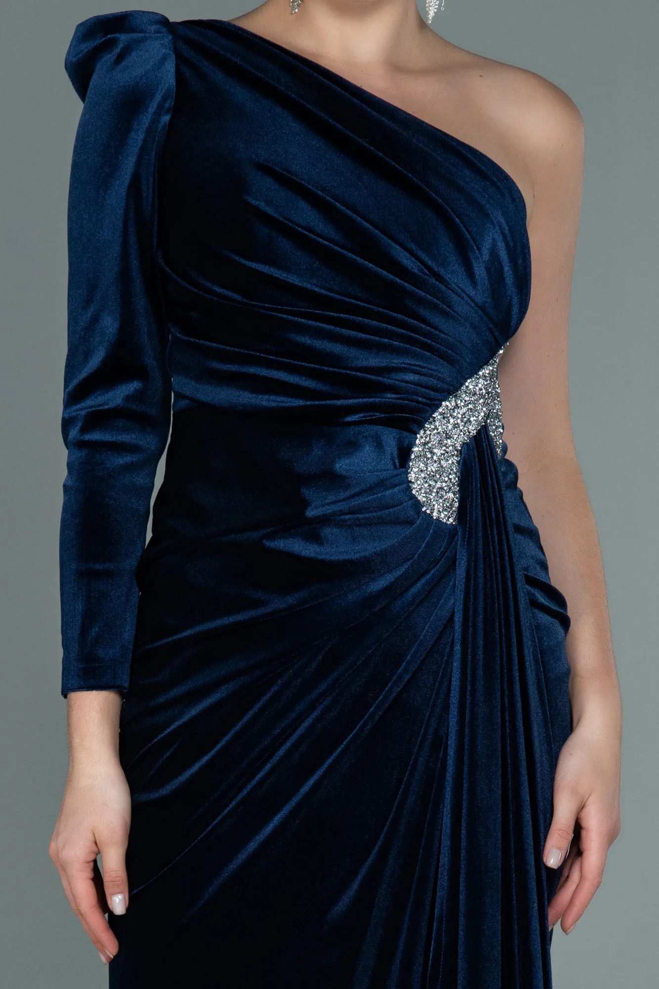 Navy Blue-Long Velvet Evening Dress ABU2655