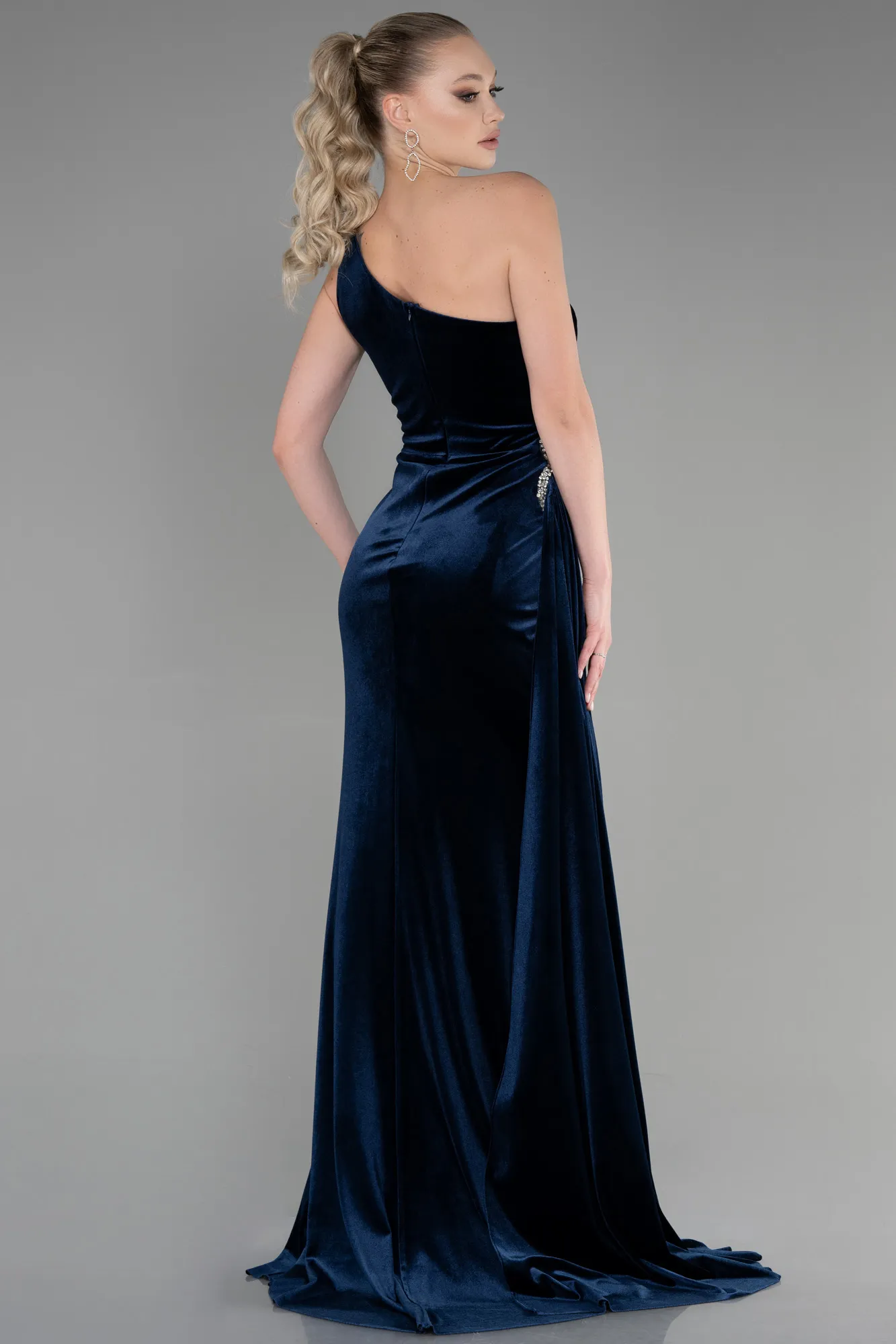 Navy Blue-Long Velvet Evening Dress ABU3365