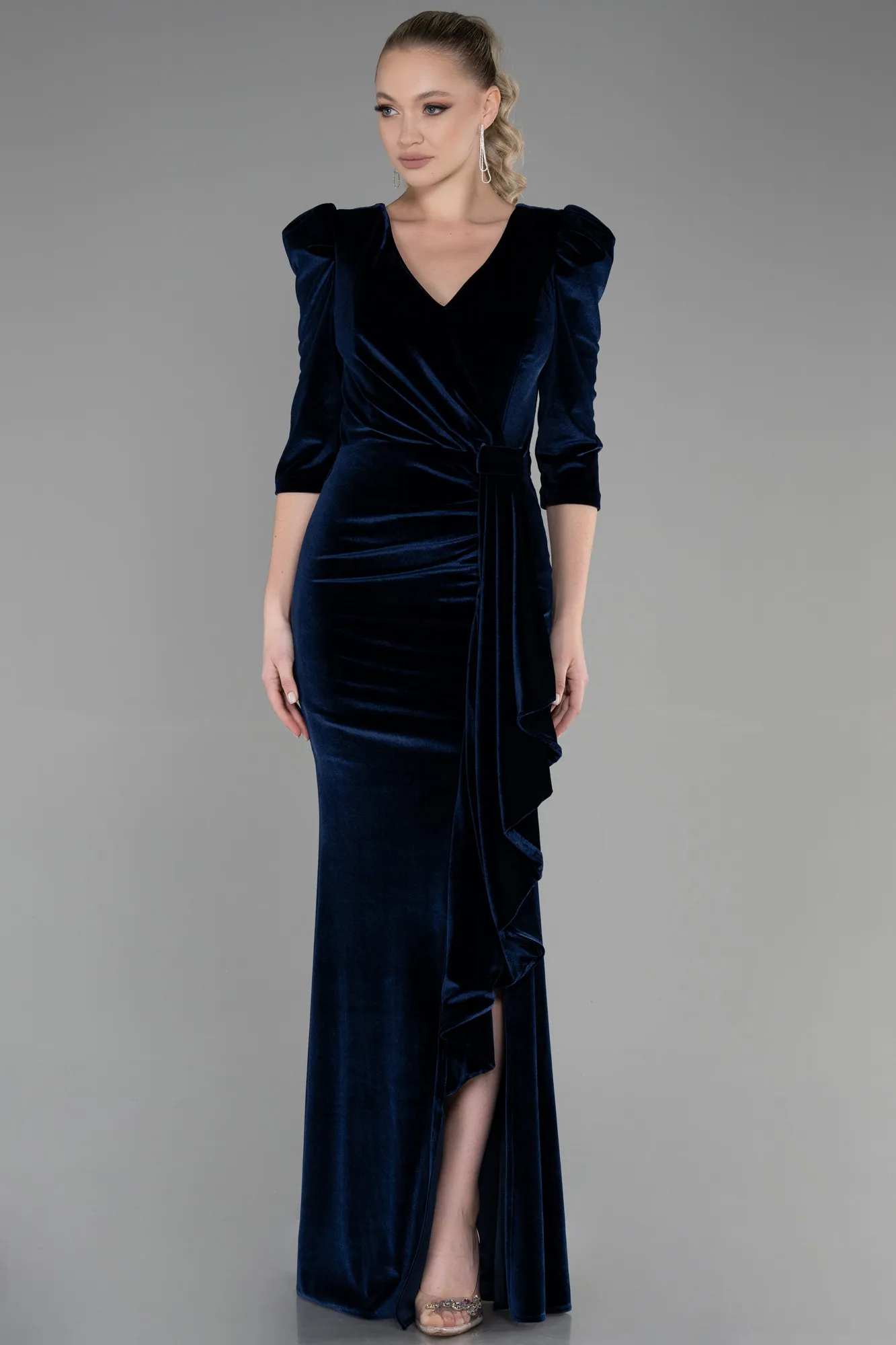 Navy Blue-Long Velvet Evening Dress ABU3386