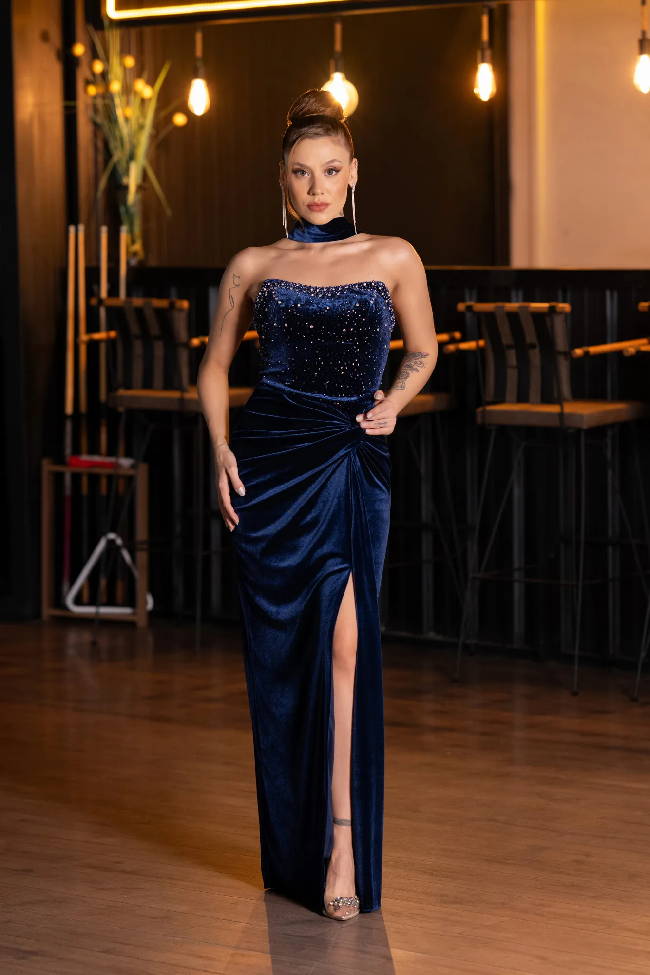 Navy Blue-Long Velvet Evening Dress ABU4405
