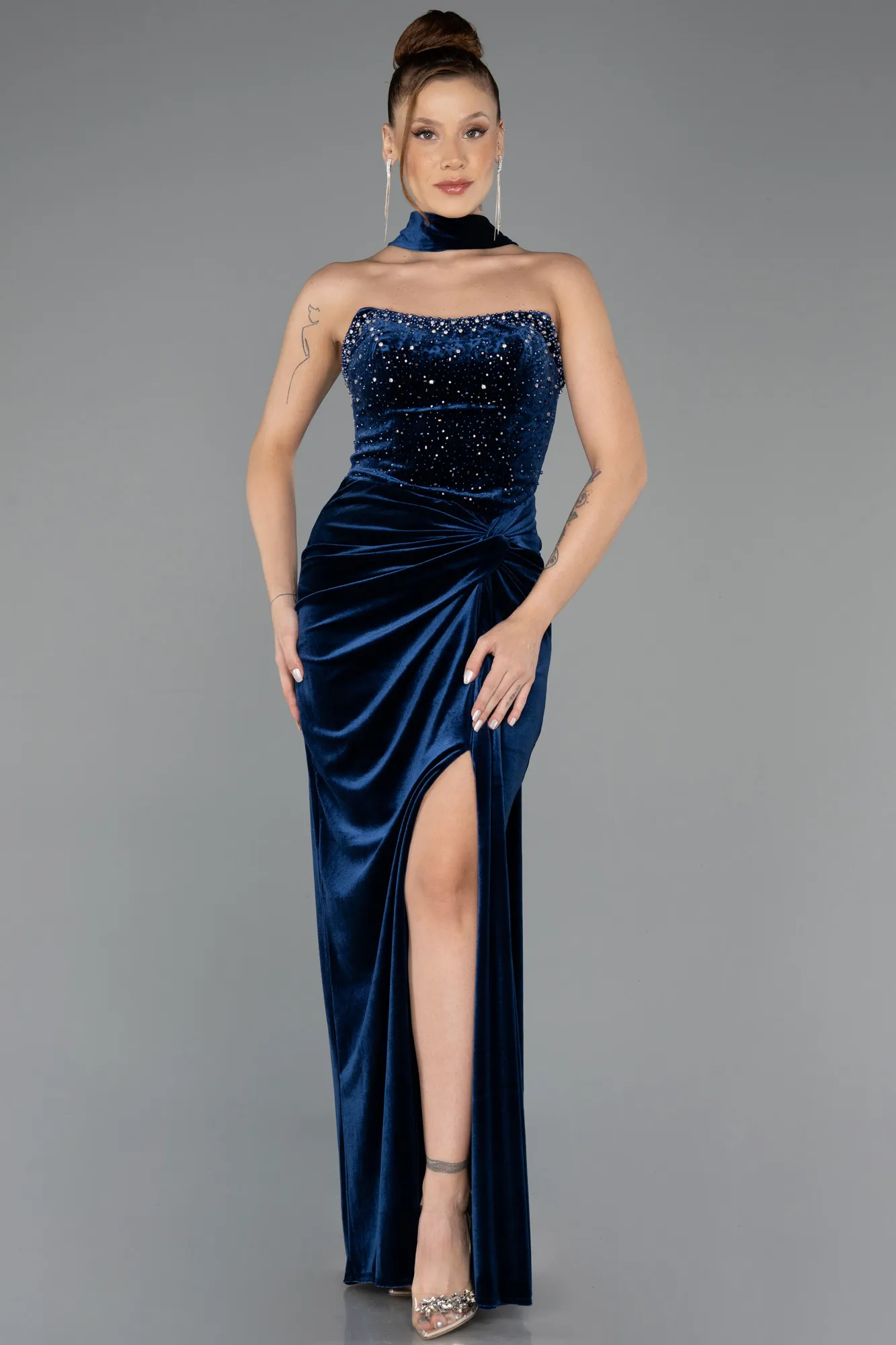 Navy Blue-Long Velvet Evening Dress ABU4405
