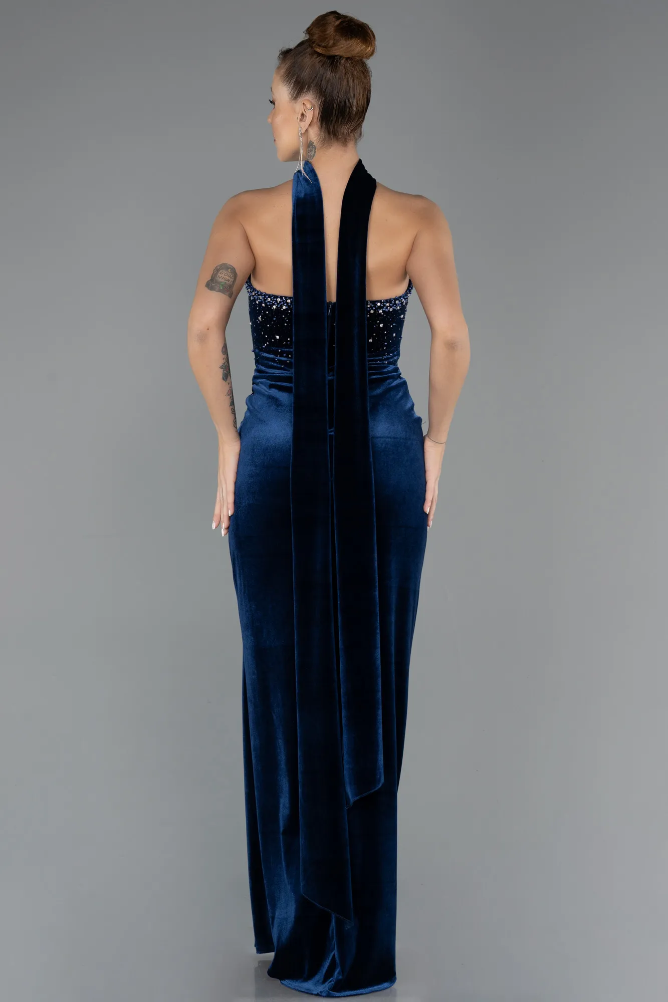 Navy Blue-Long Velvet Evening Dress ABU4405