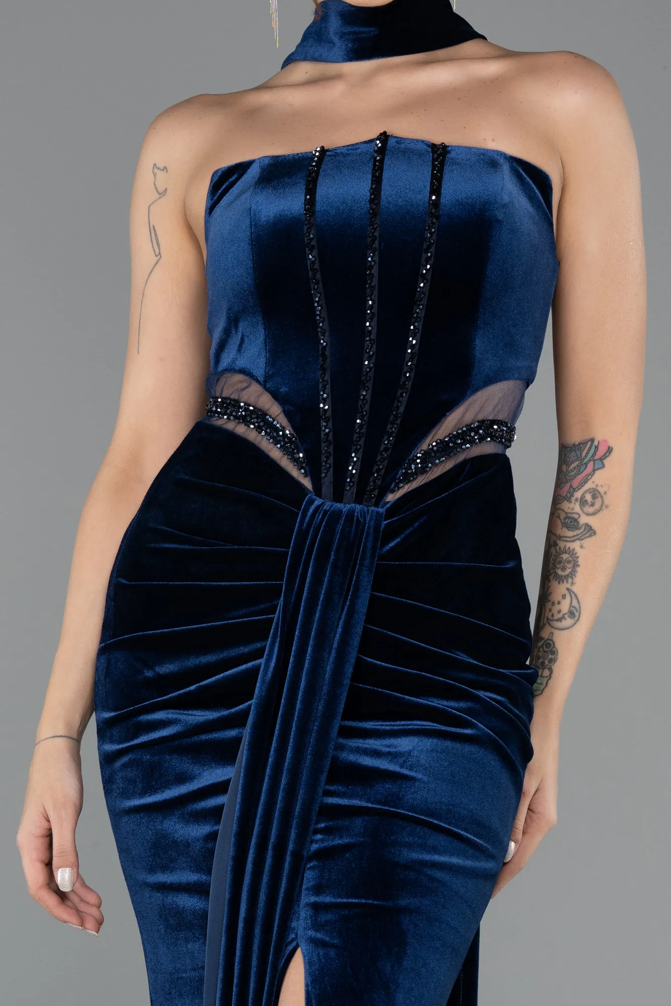 Navy Blue-Long Velvet Evening Dress ABU5437