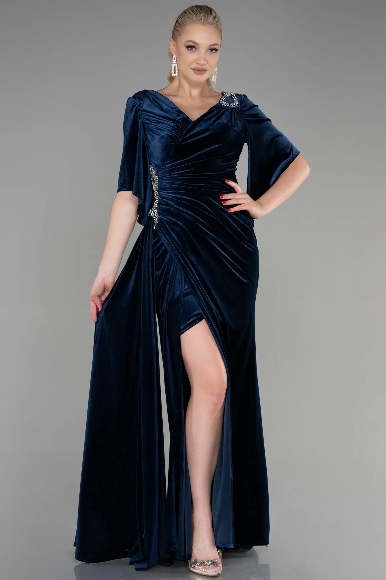 Navy Blue-Long Velvet Mermaid Evening Dress ABU3369