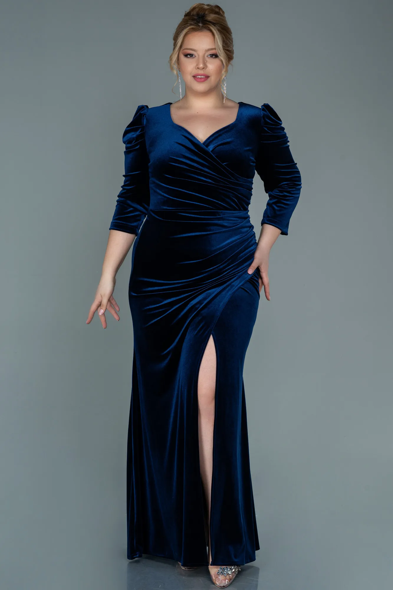 Navy Blue-Long Velvet Plus Size Evening Dress ABU2697