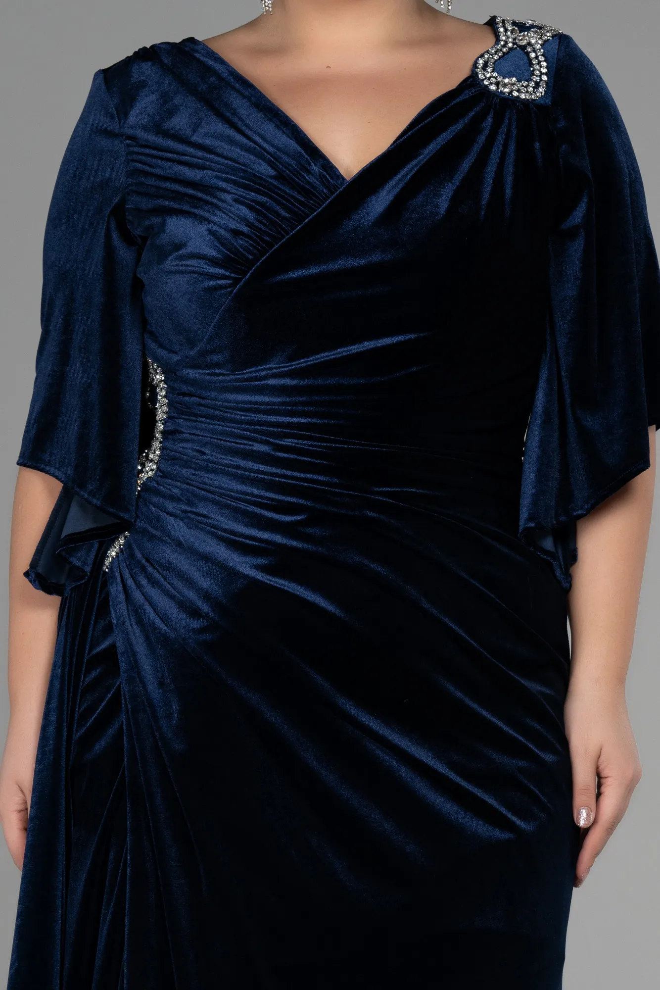 Navy Blue-Long Velvet Velvet Oversized Evening Dress ABU3370