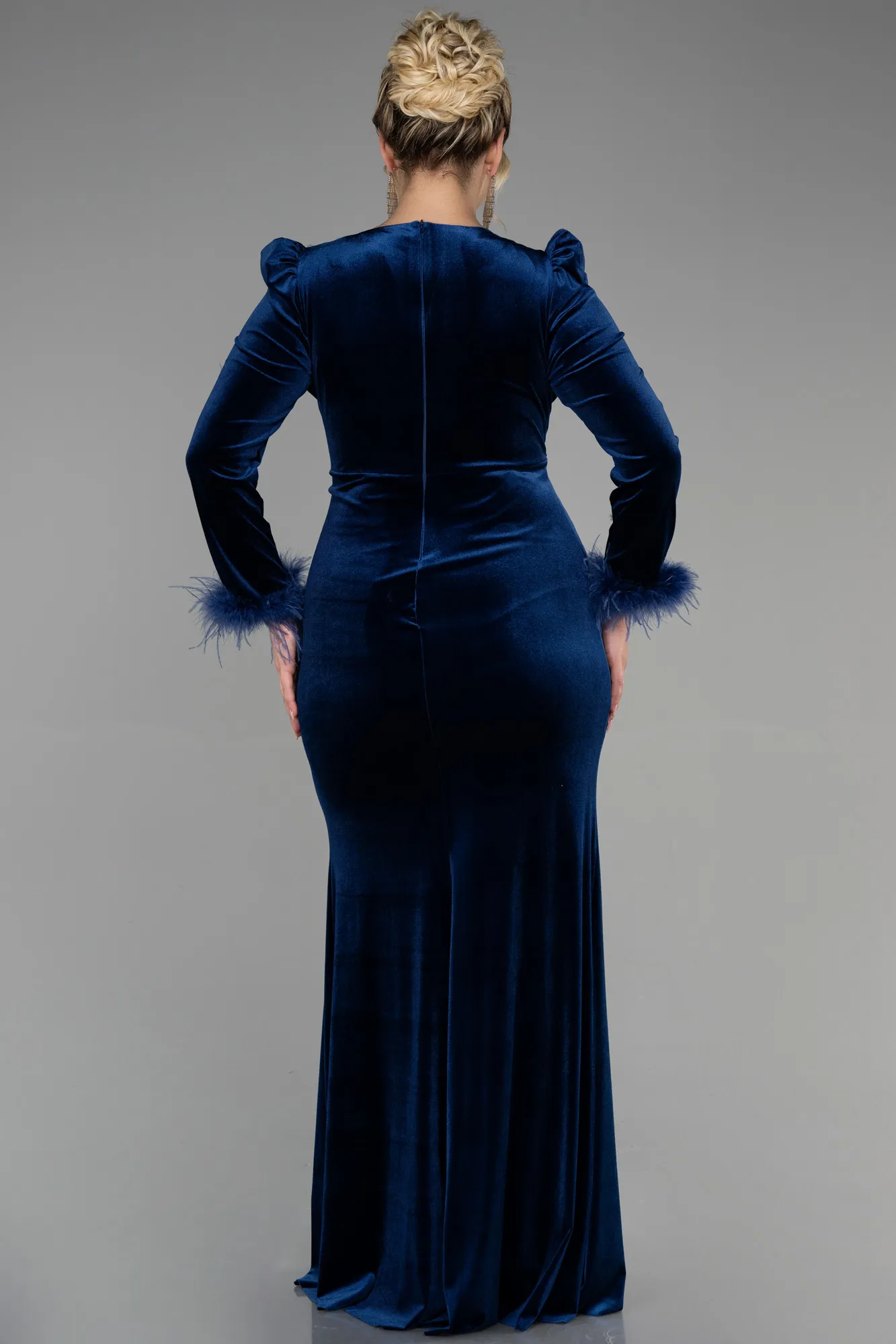 Navy Blue-Long Velvet Velvet Oversized Evening Dress ABU3394