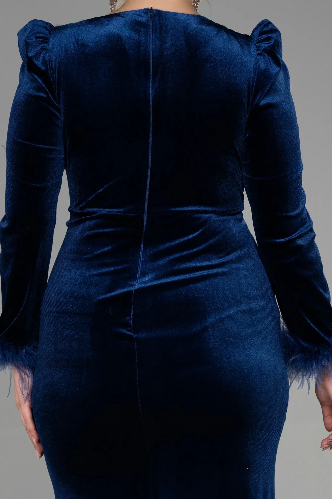 Navy Blue-Long Velvet Velvet Oversized Evening Dress ABU3394