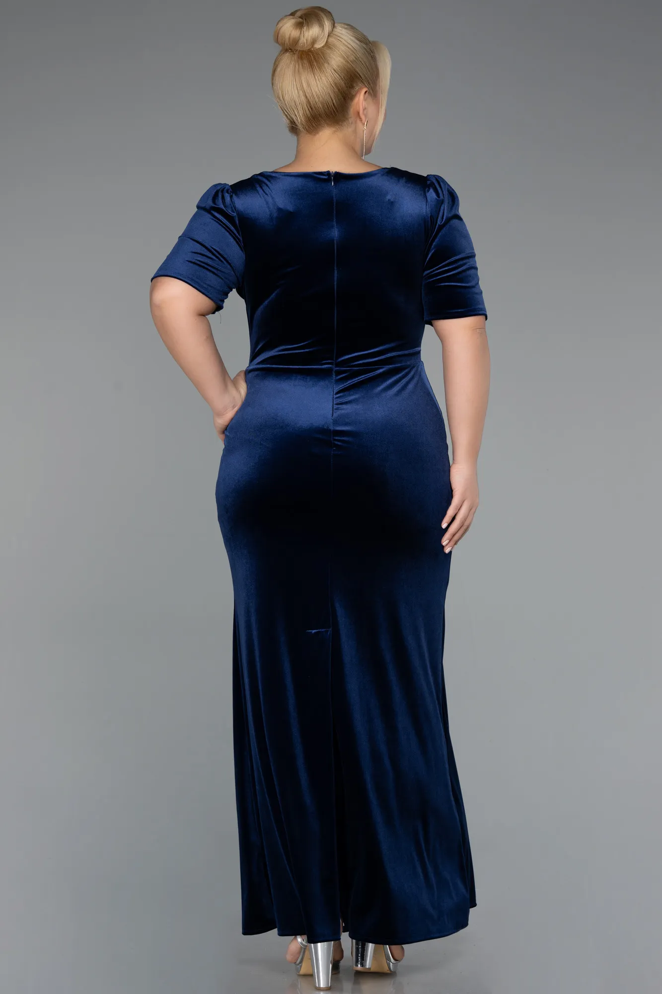 Navy Blue-Long Velvet Velvet Oversized Evening Dress ABU5390