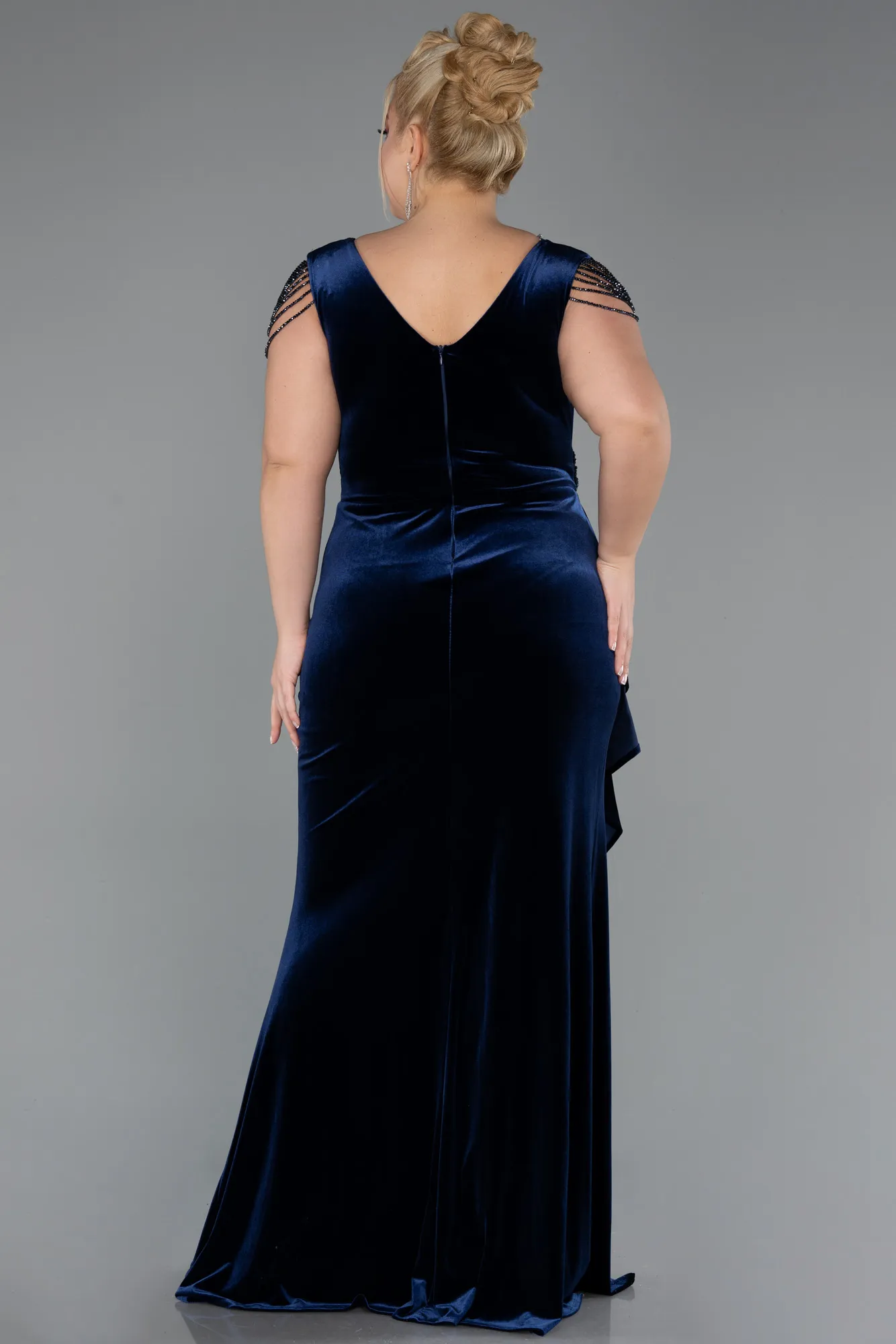 Navy Blue-Long Velvet Velvet Oversized Evening Dress ABU5428