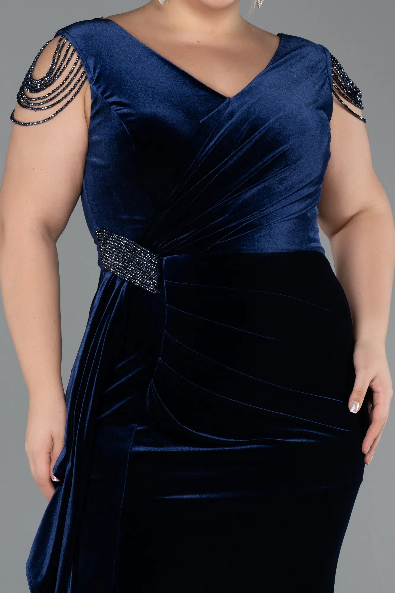 Navy Blue-Long Velvet Velvet Oversized Evening Dress ABU5428