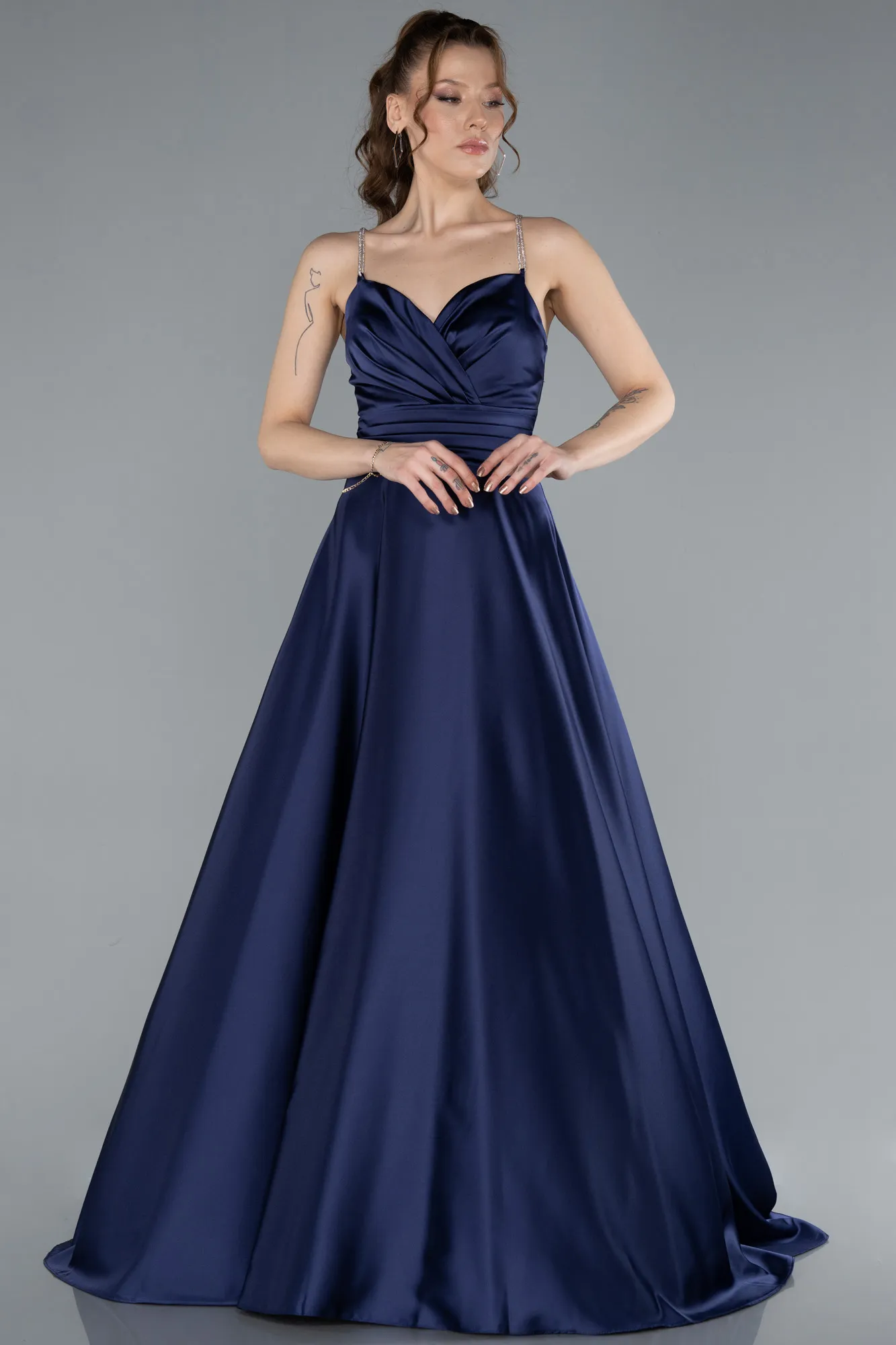 Navy Blue-Low Cut Back Long Satin Prom Dress ABU4702